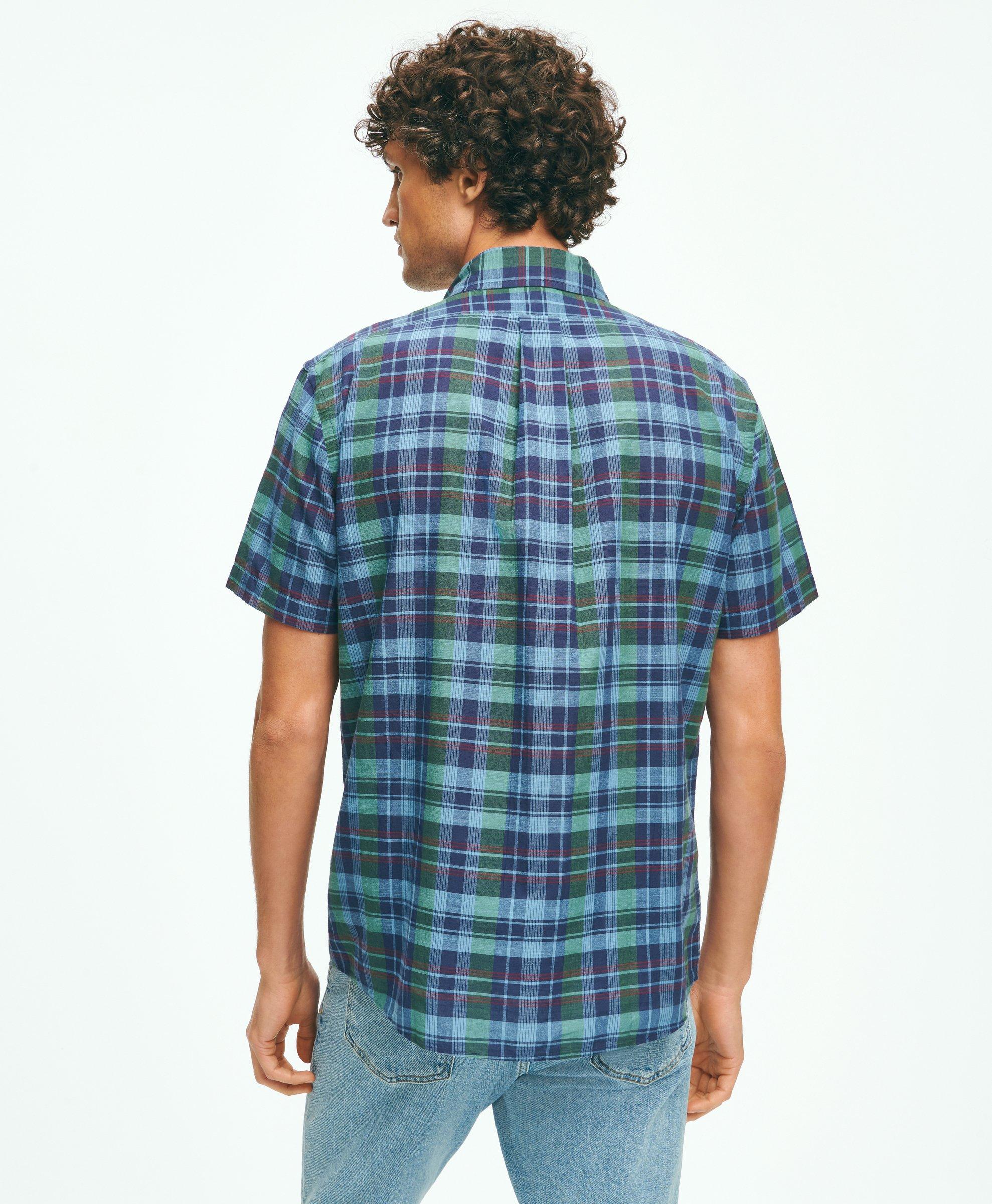 Washed Cotton Madras Short Sleeve Button-Down Collar Sport Shirt 