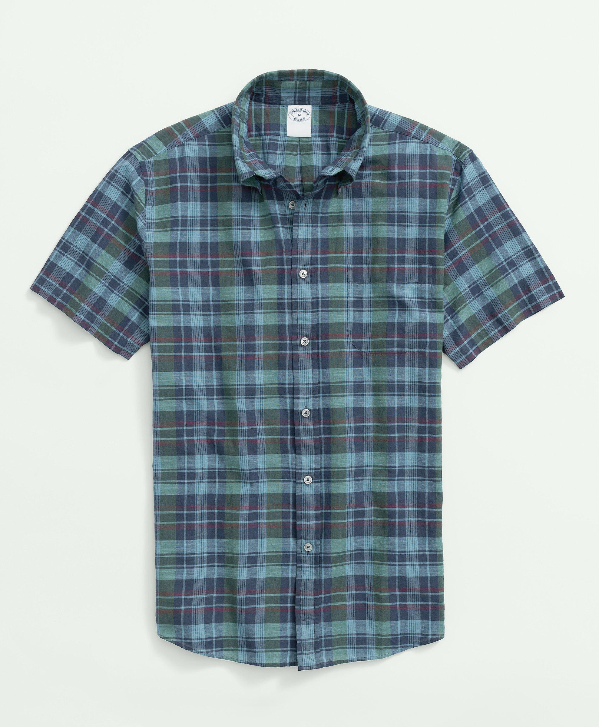 Washed Cotton Madras Short Sleeve Button-Down Collar Sport Shirt 