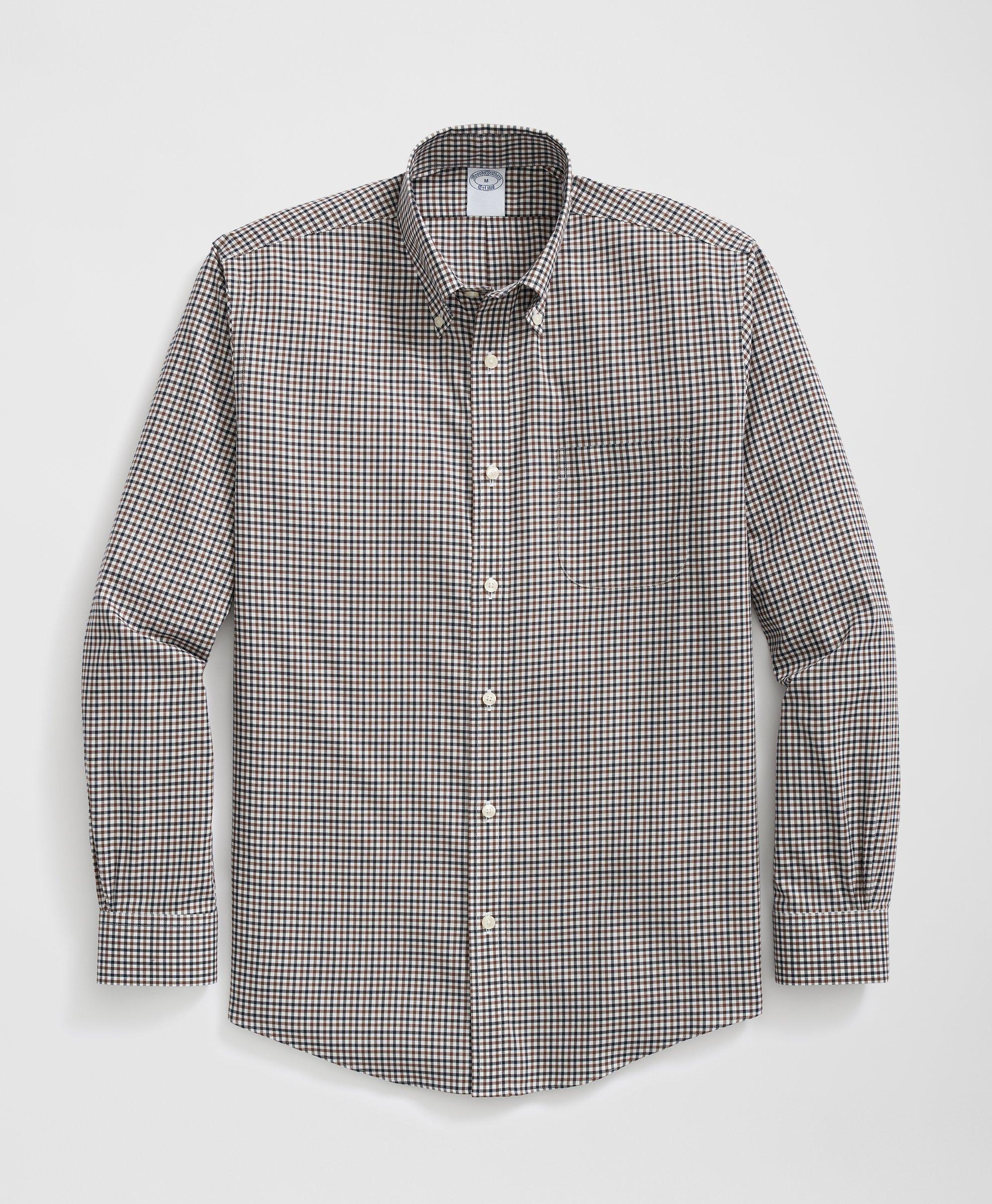 Brooks Brothers Stretch Supima Cotton Non-iron Twill Polo Button Down Collar Checked Shirt In Ivory