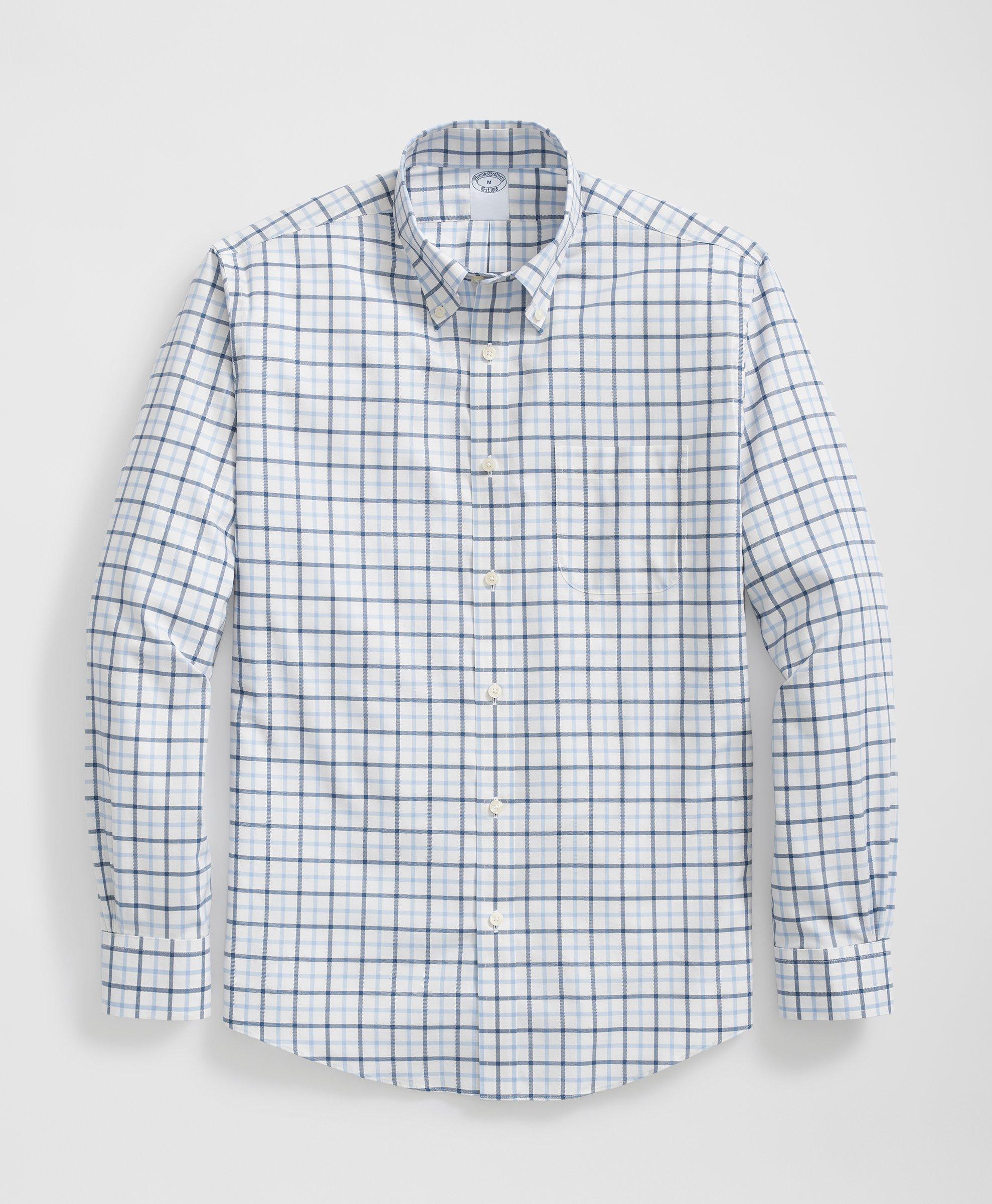 Brooks Brothers Stretch Supima Cotton Non-iron Twill Polo Button Down Collar Windowpane Shirt In Ivory