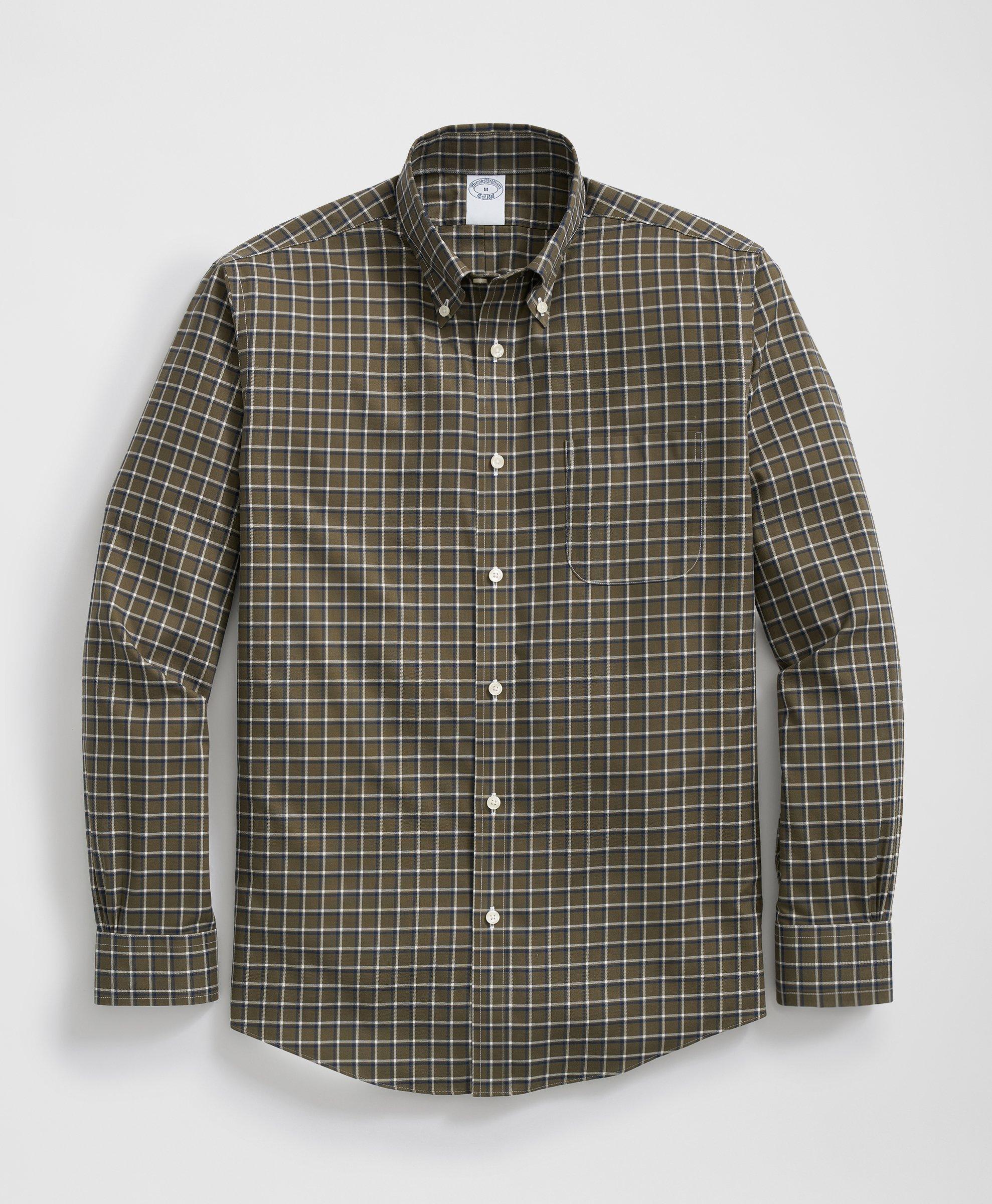 Brooks Brothers Stretch Supima Cotton Non-iron Twill Polo Button Down Collar Windowpane Shirt In Olive