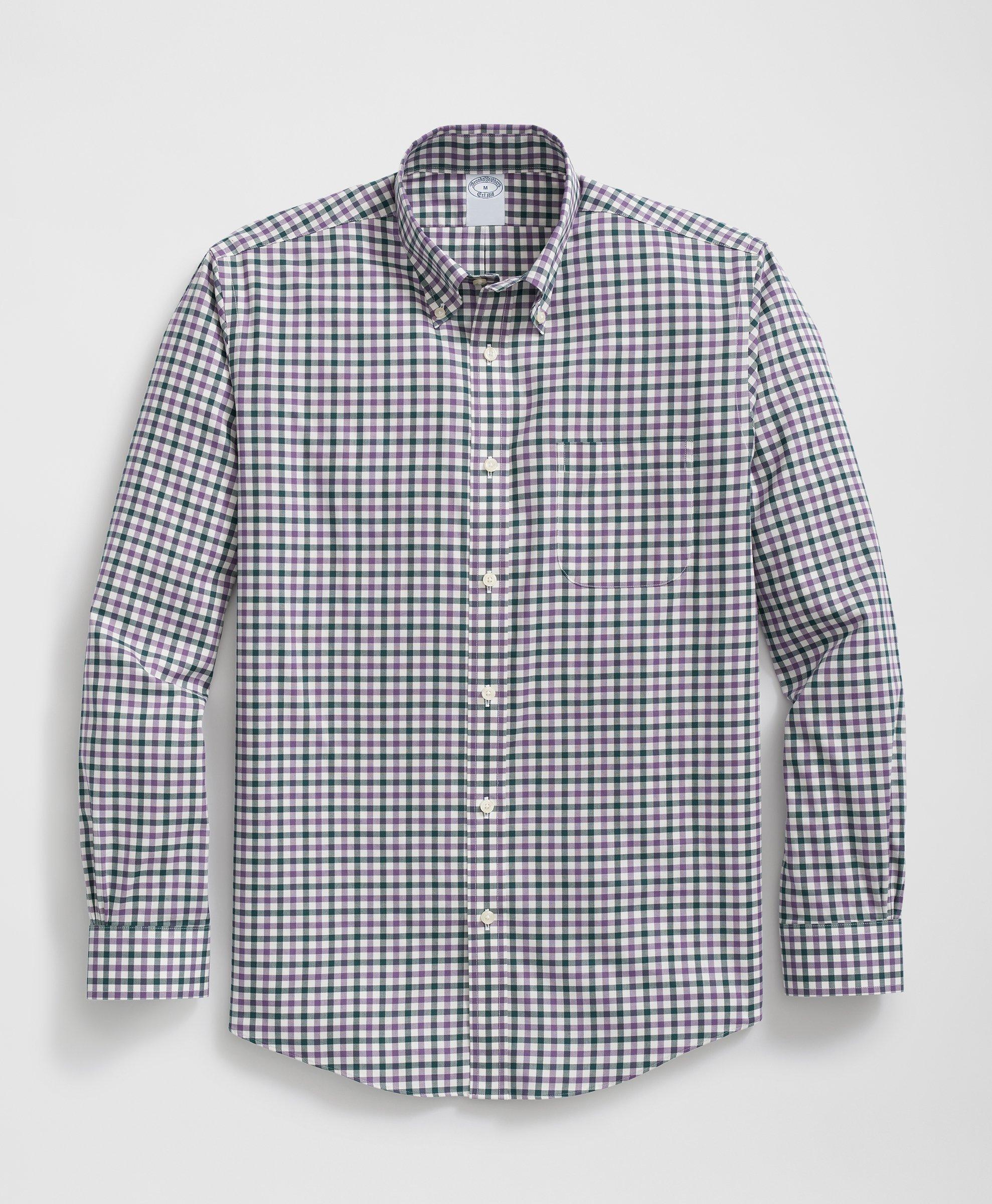 Brooks Brothers Stretch Supima Cotton Non-iron Twill Polo Button Down Collar Checked Shirt In Teal/purple