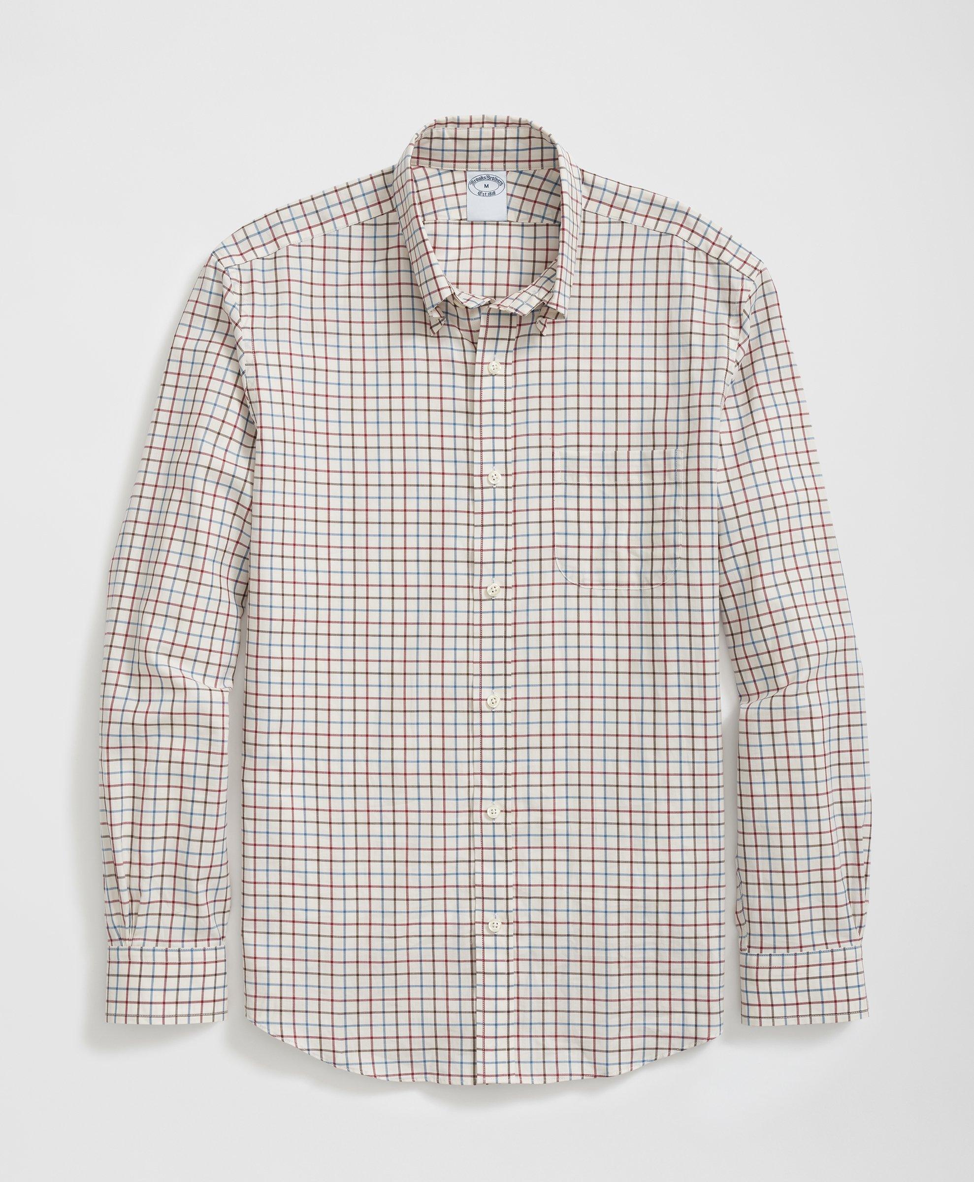 Brooks Brothers Luxe Cotton Twill Polo Button Down Collar, Windowpane Shirt In Ivory