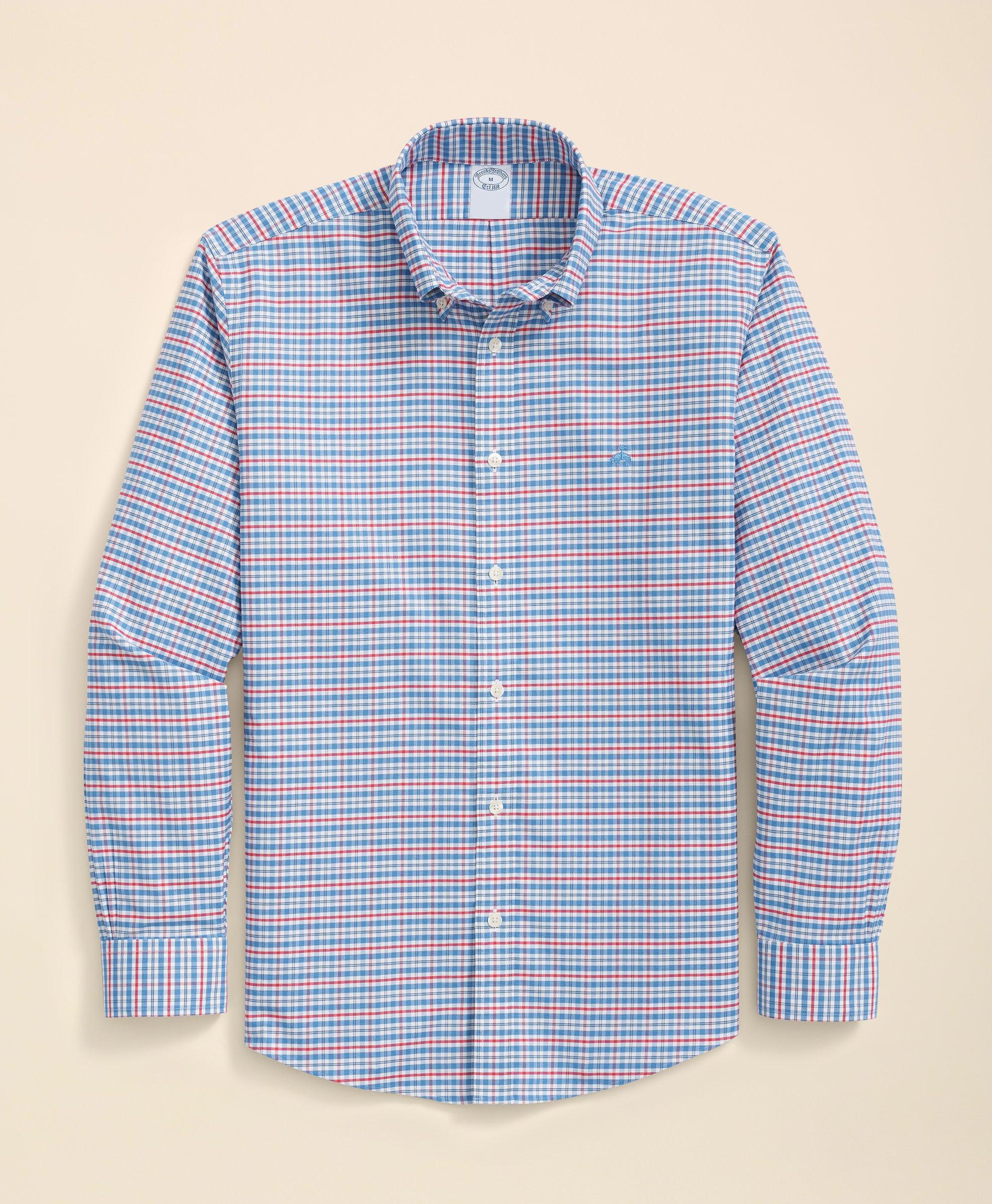 Brooks Brothers Stretch Cotton Non-iron Oxford Polo Button-down Collar, Mini-graph Checked Shirt | Bright Blue | Siz In Blue