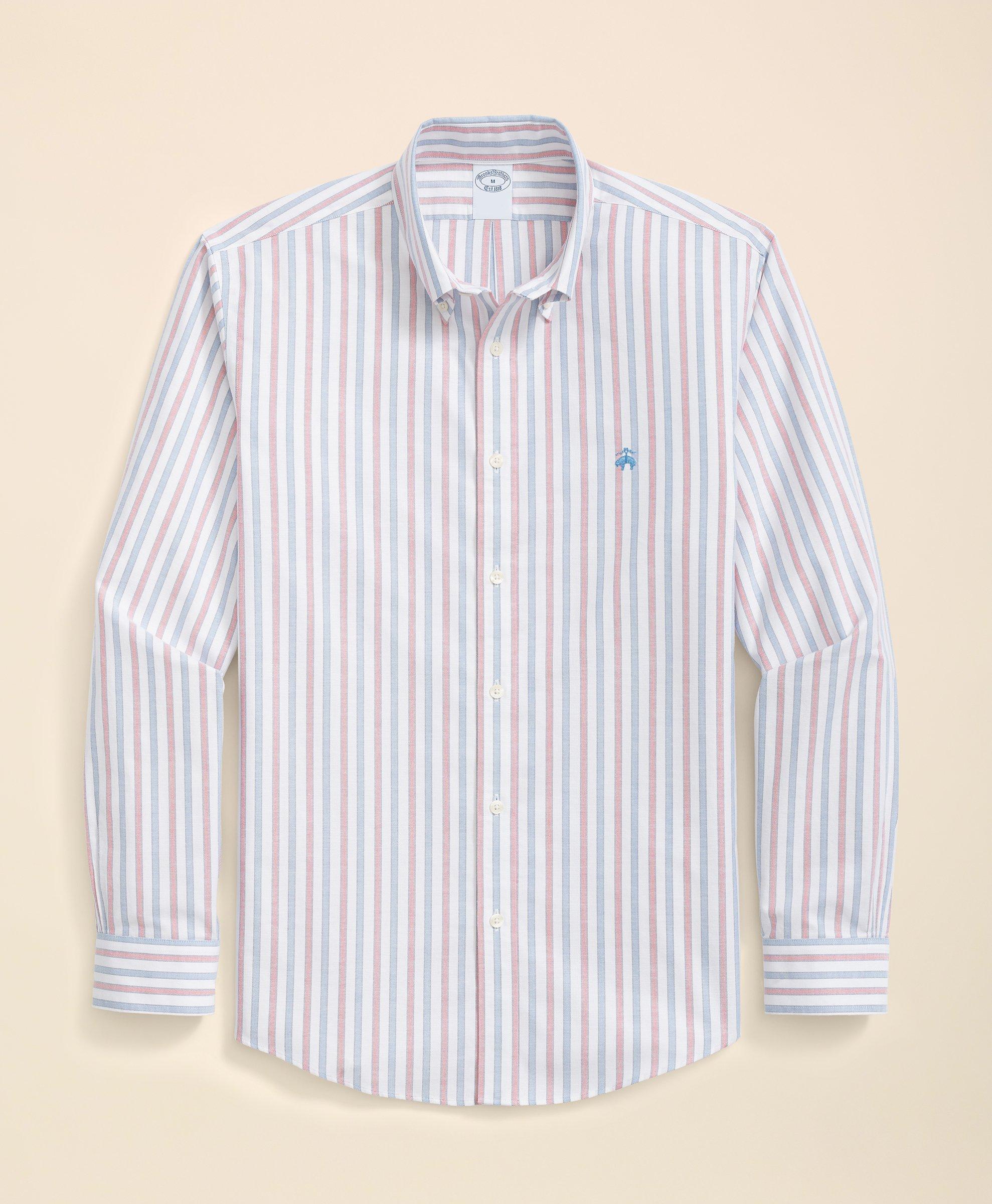 Brooks Brothers Stretch Cotton Non-iron Oxford Polo Button Down Collar, Outline Stripe Shirt In Red