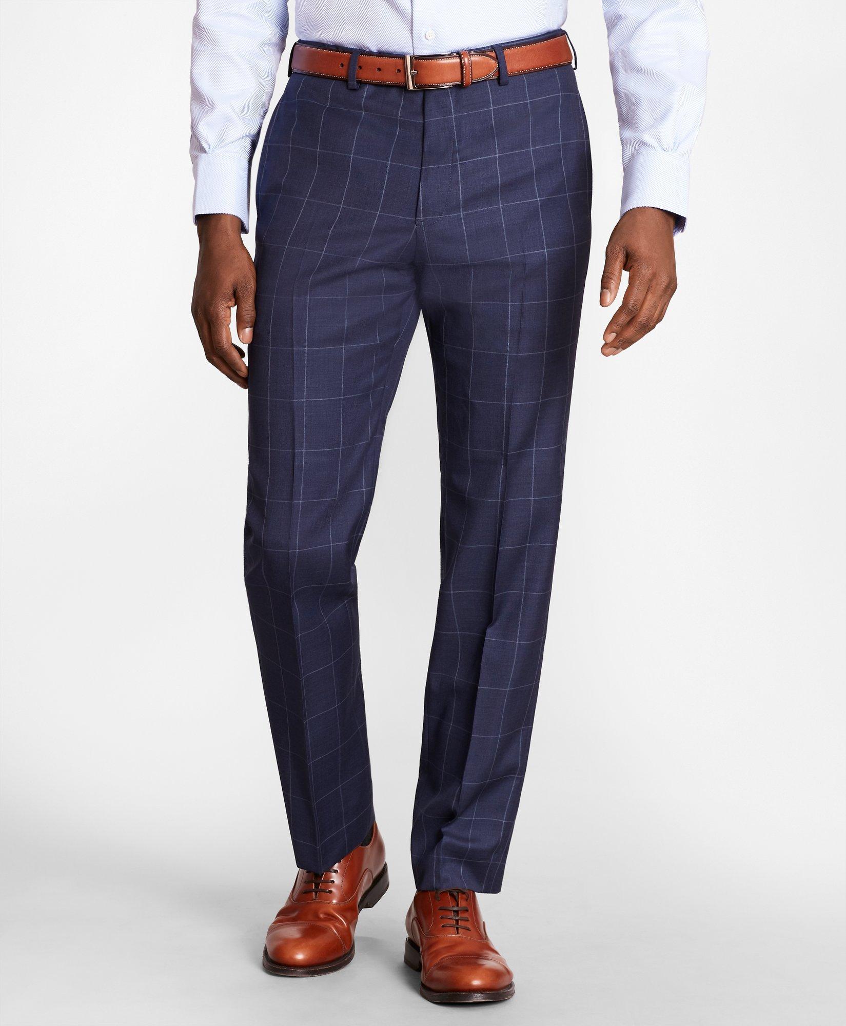 Windowpane light blue cotton-linen flat-front lightweight Dress Pants