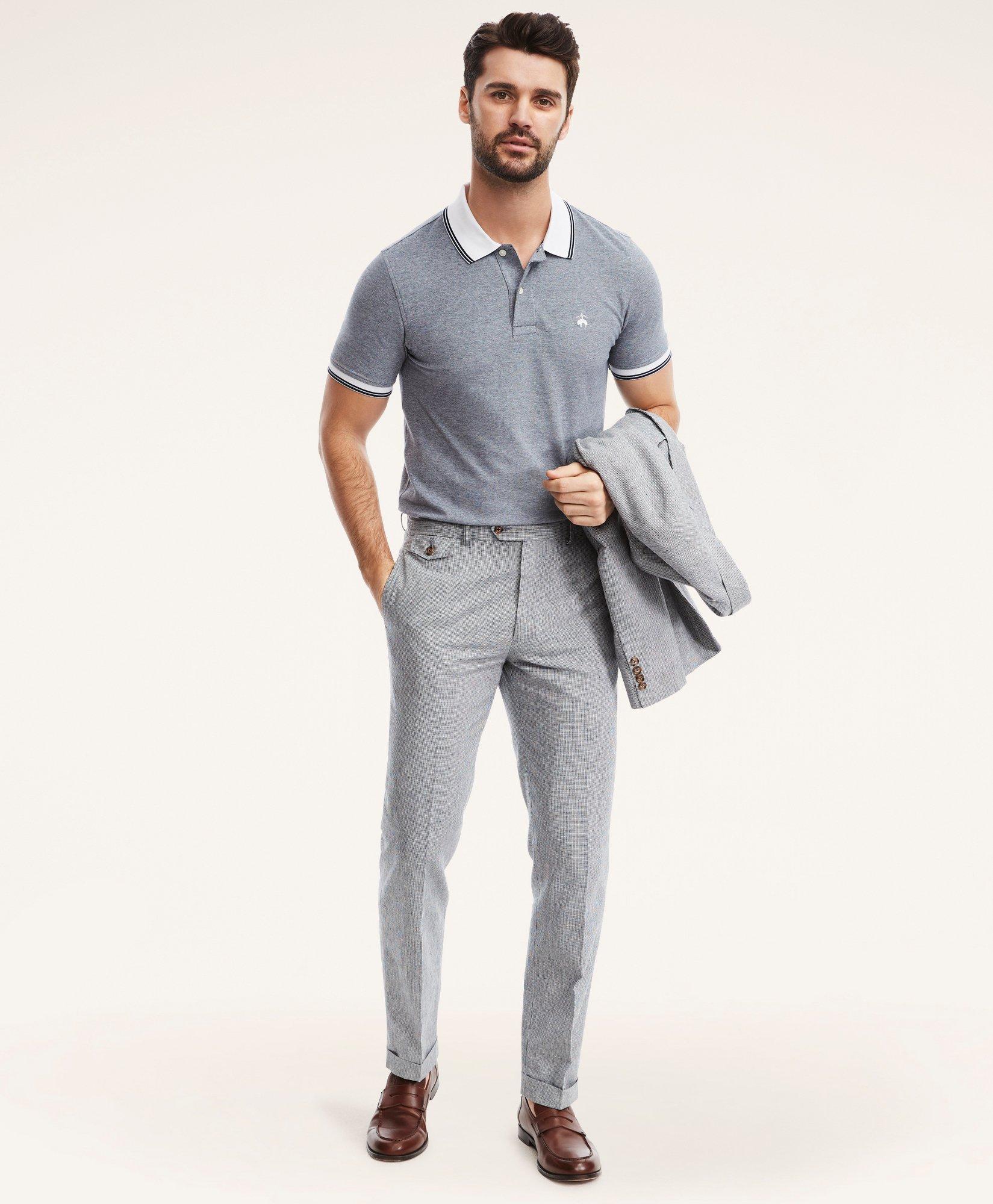 polo shirt and suit trousers