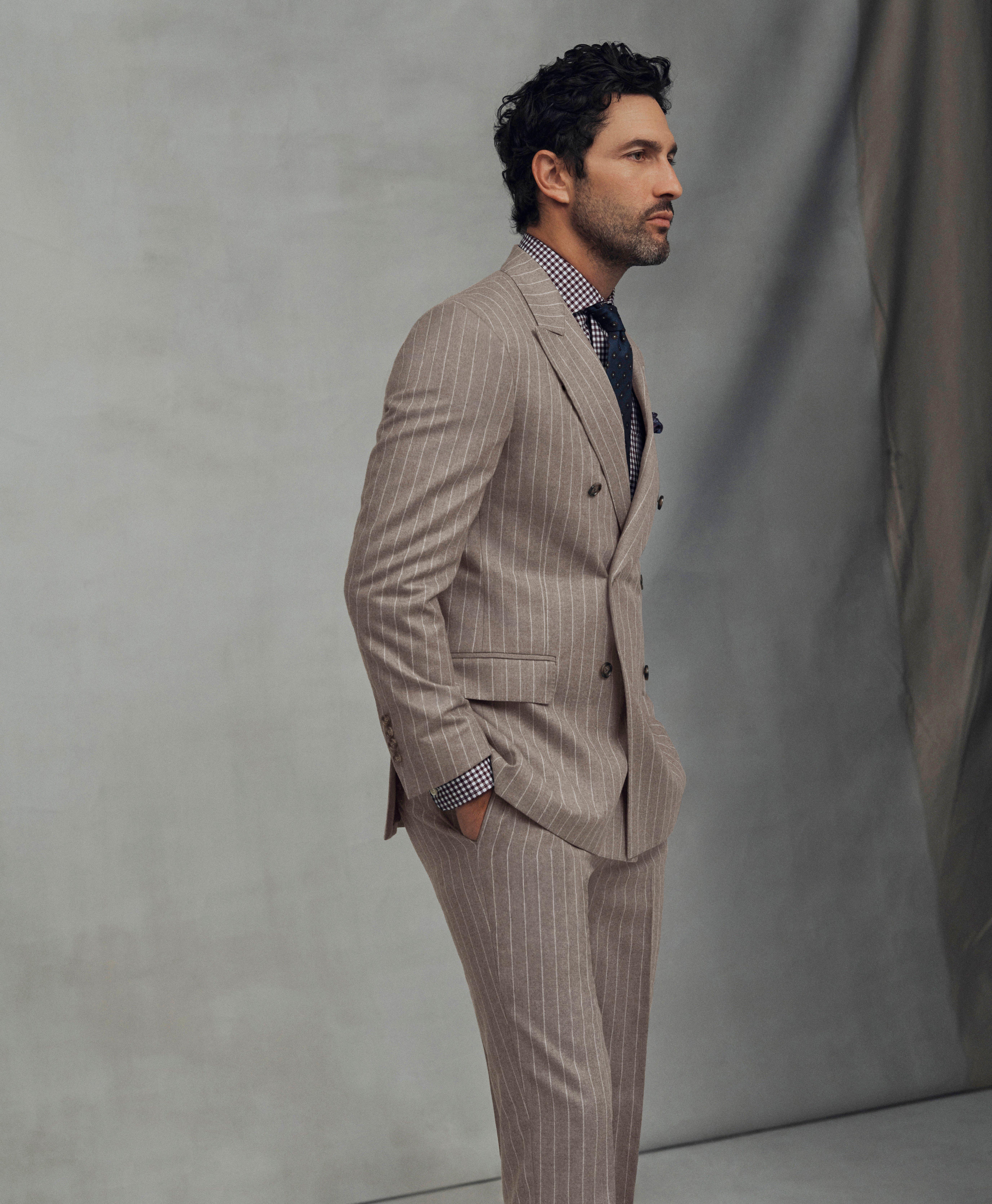 Navy Blue Pinstripe Suit In Stretch Wool