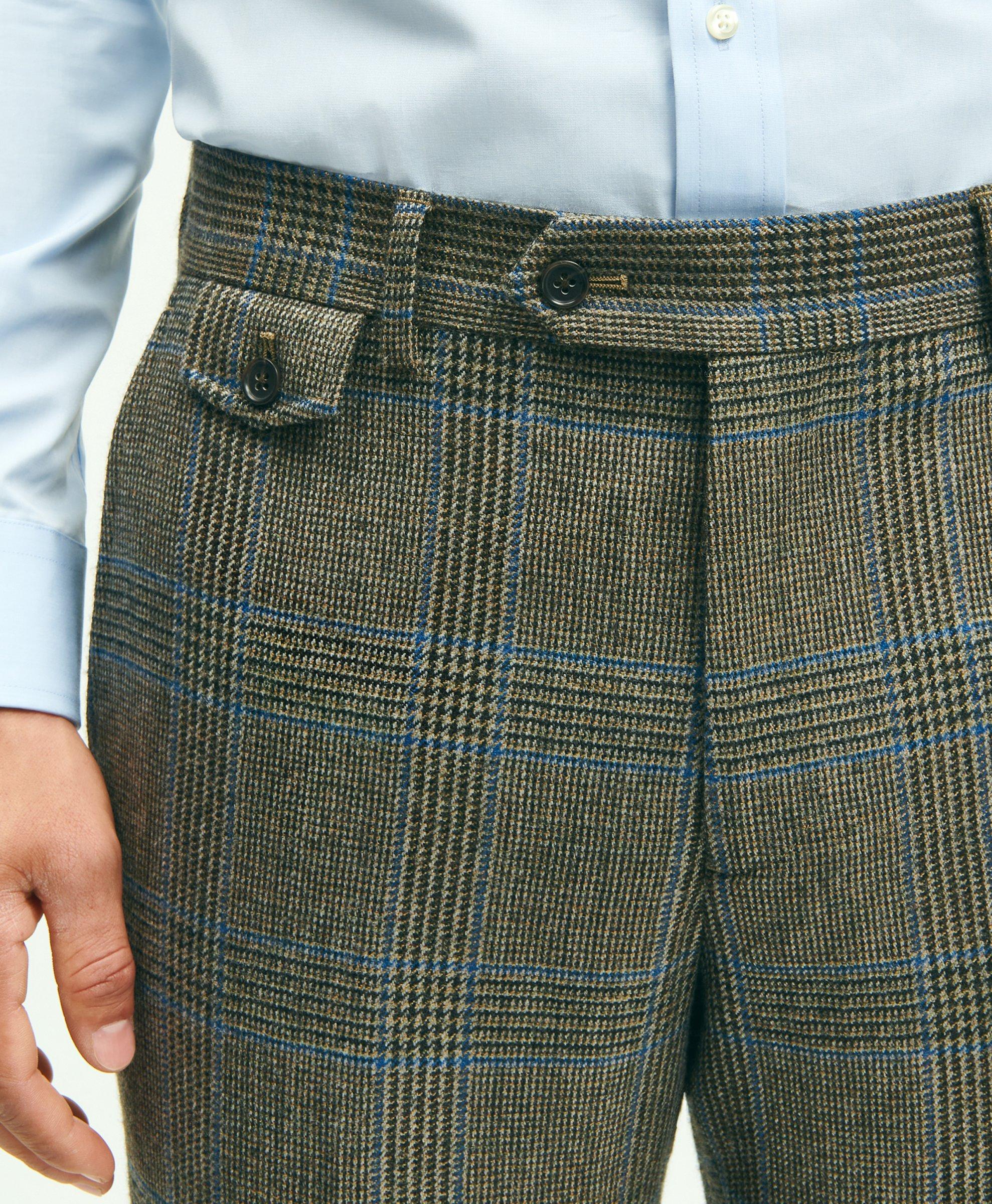 Brown prince of wales tweed flat-front Slacks