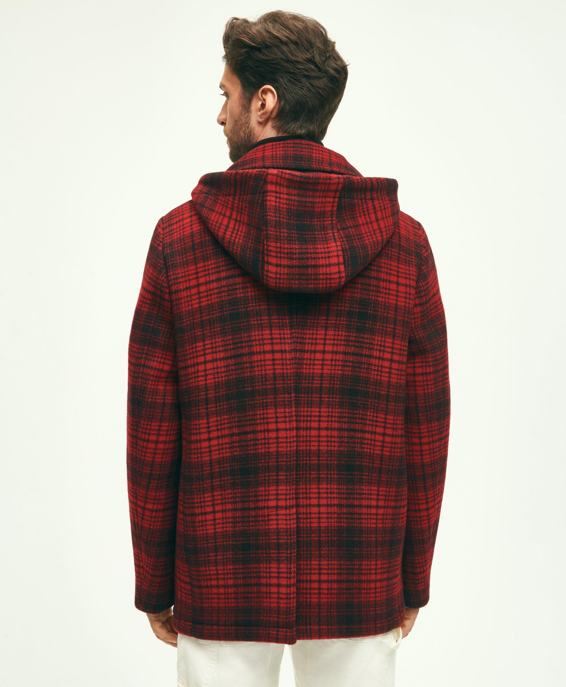 Wool Hooded Buffalo Check Pea Coat