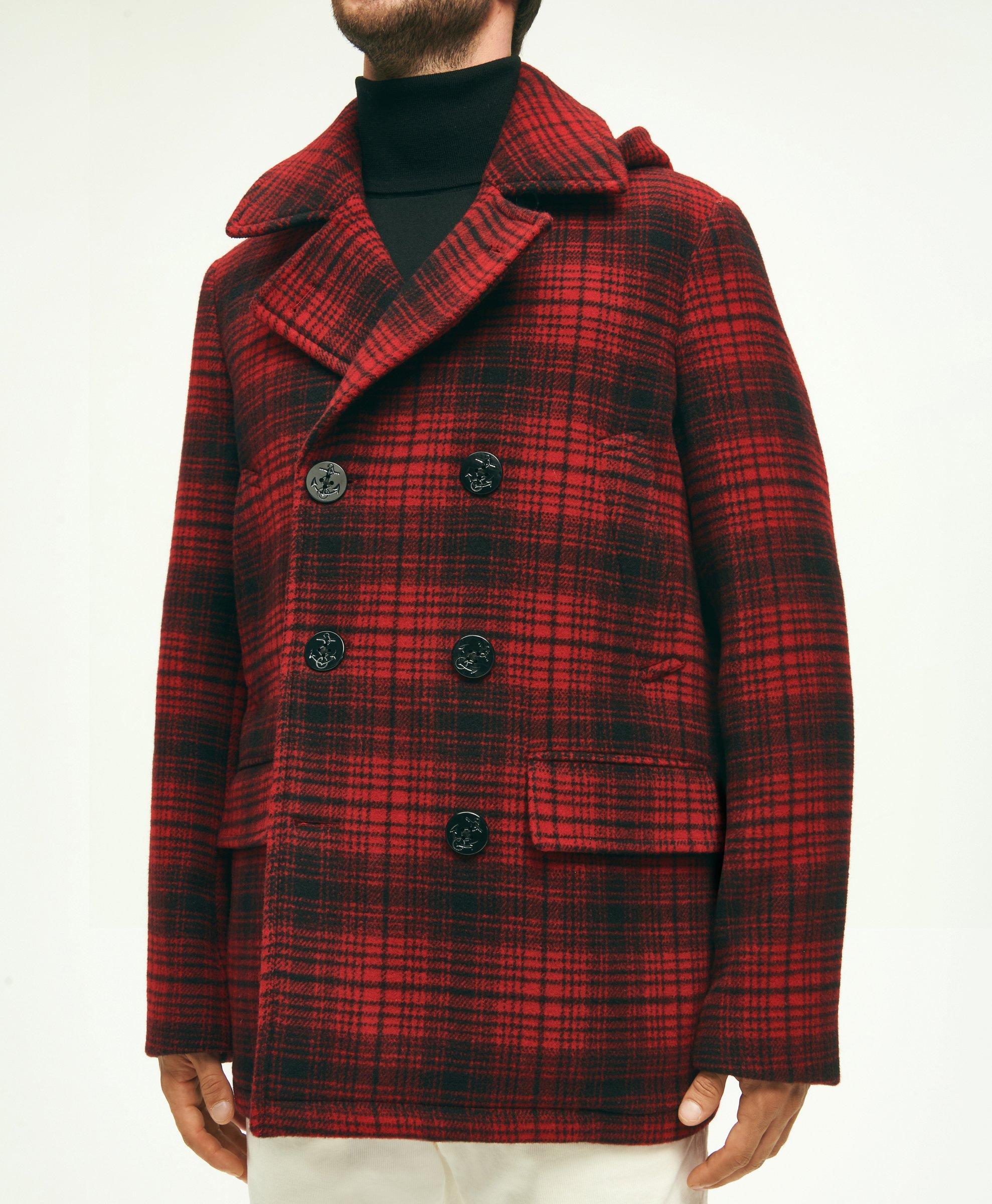 Wool Hooded Buffalo Check Pea Coat