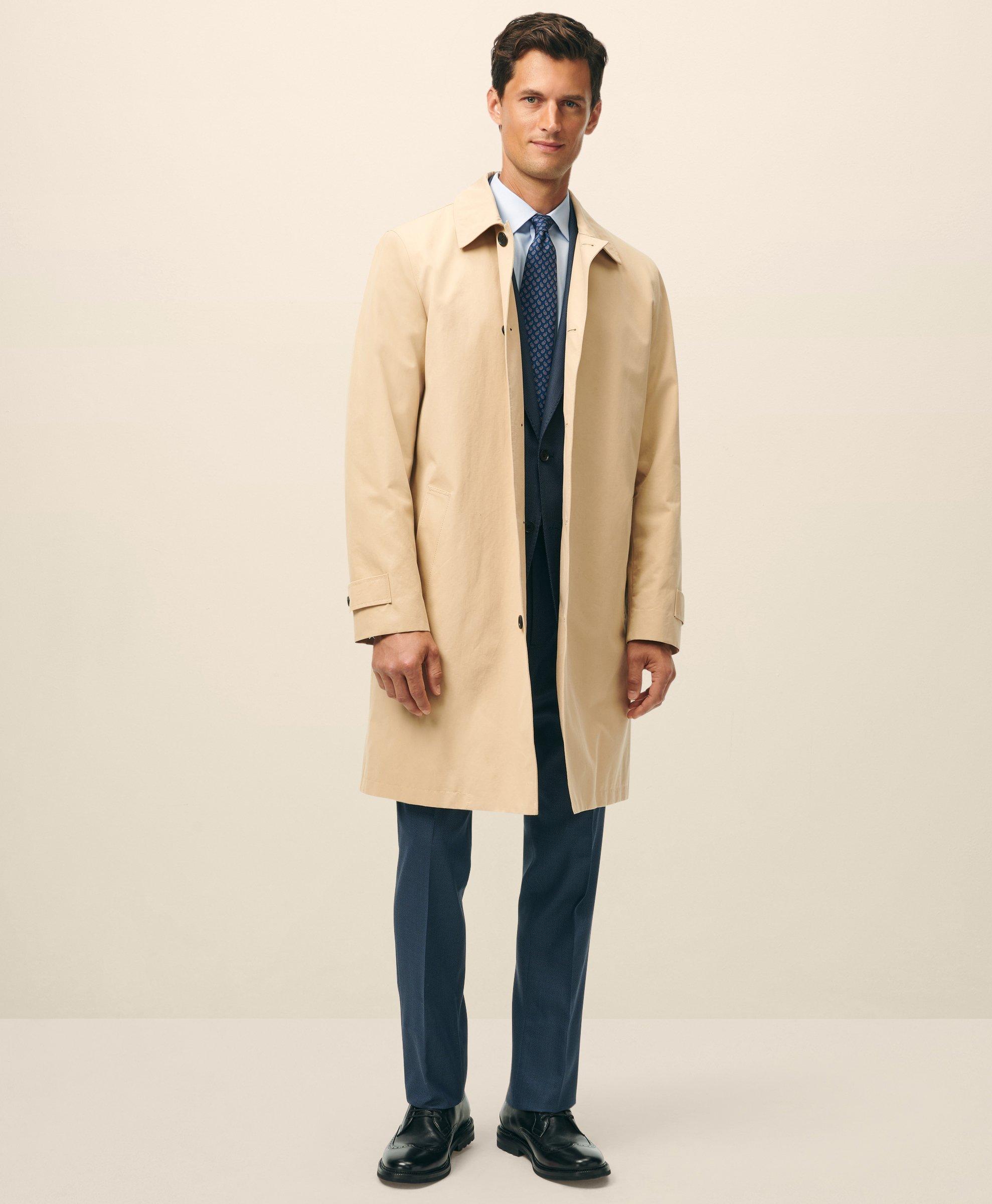 Brooks Brothers Bonded Cotton Top Coat With Removable Liner In Black Watch In Light Beige