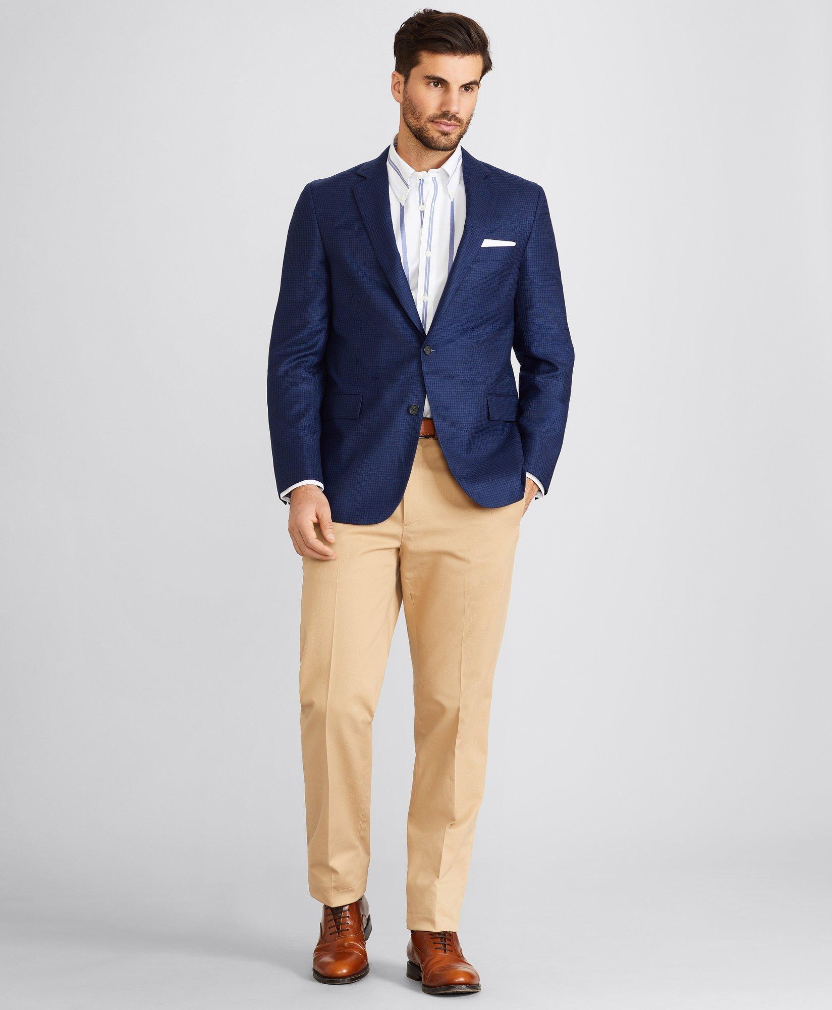 Blue sport jacket shop with khaki pants