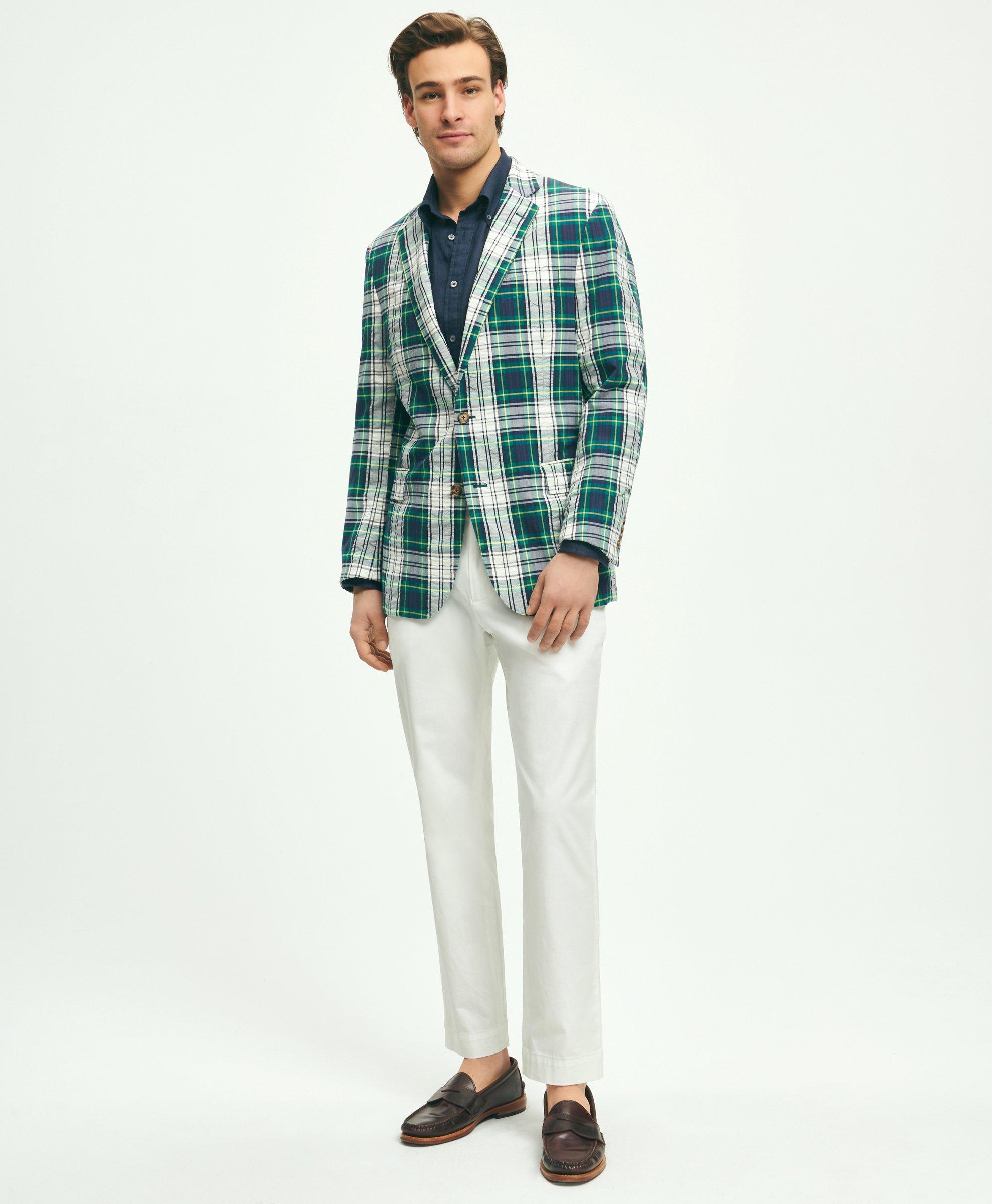 Regent Classic Fit Cotton Seersucker Madras Plaid Sport Coat