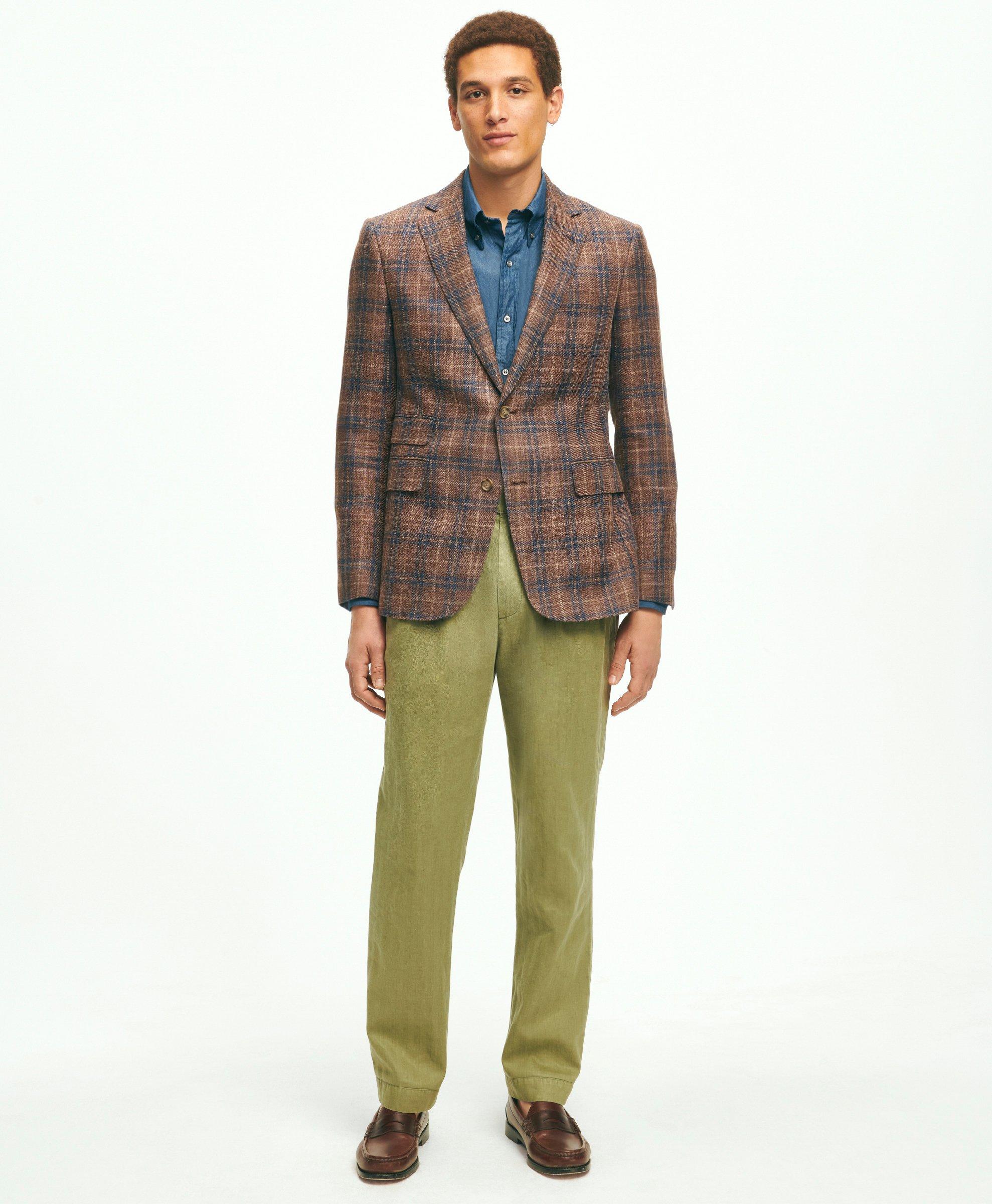 Slim Fit Plaid Hopsack Sport Coat in Linen Wool Blend