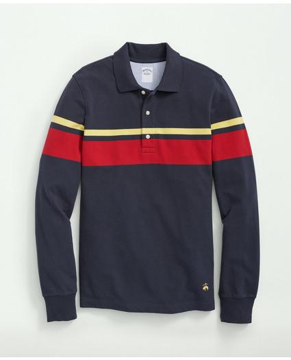 Golden Fleece® Stretch Supima® Cotton Pique Long-Sleeve Chest Striped Polo Shirt, image 1
