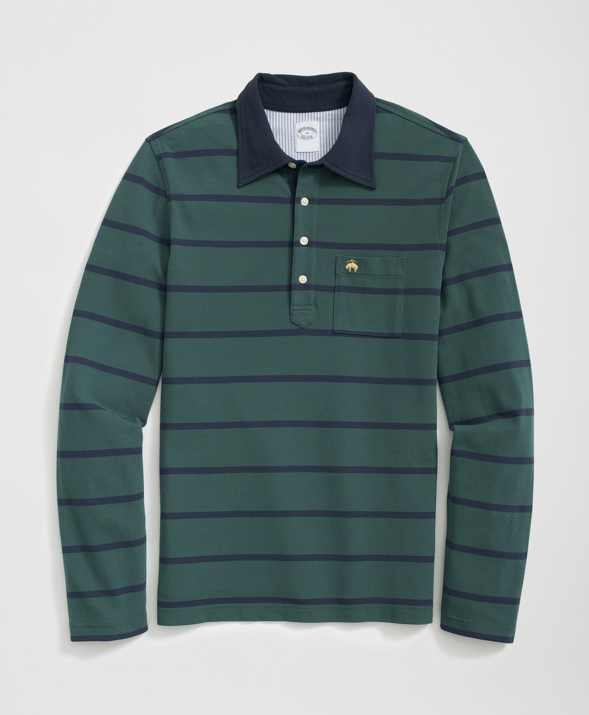 The Vintage Long Sleeve Polo Shirt in BB 3 Stripe Pique Cotton