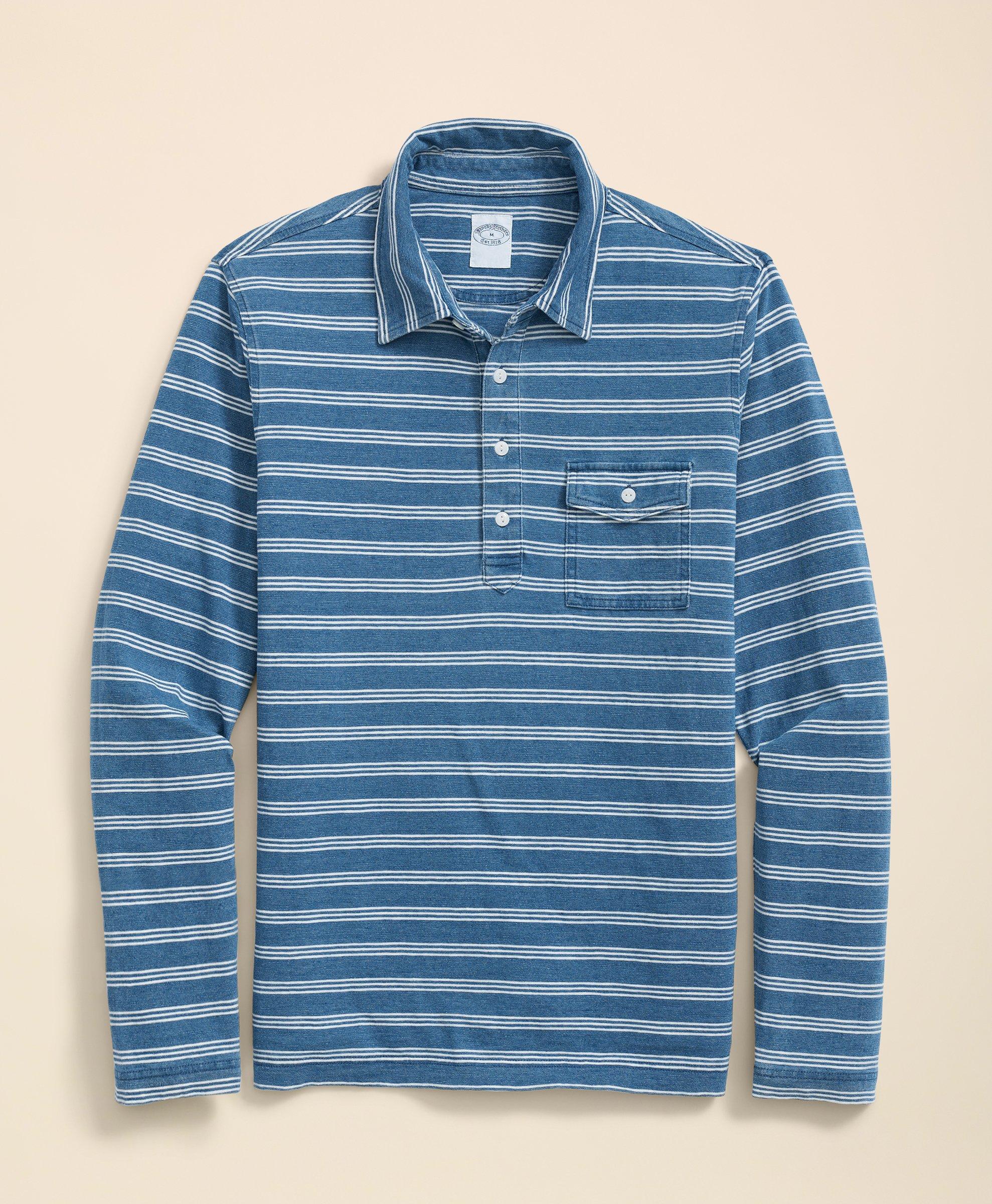 BROOKS BROTHERS COTTON STRIPE INDIGO WASH LONG-SLEEVE POLO SHIRT 