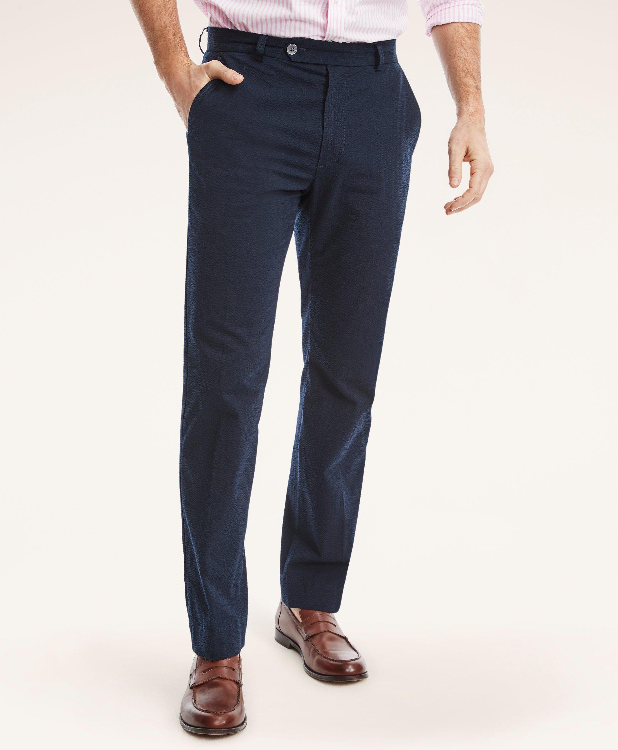 Emigre Classic Fit Blue & White Seersucker Striped Flat Front Cotton Dress  Pants