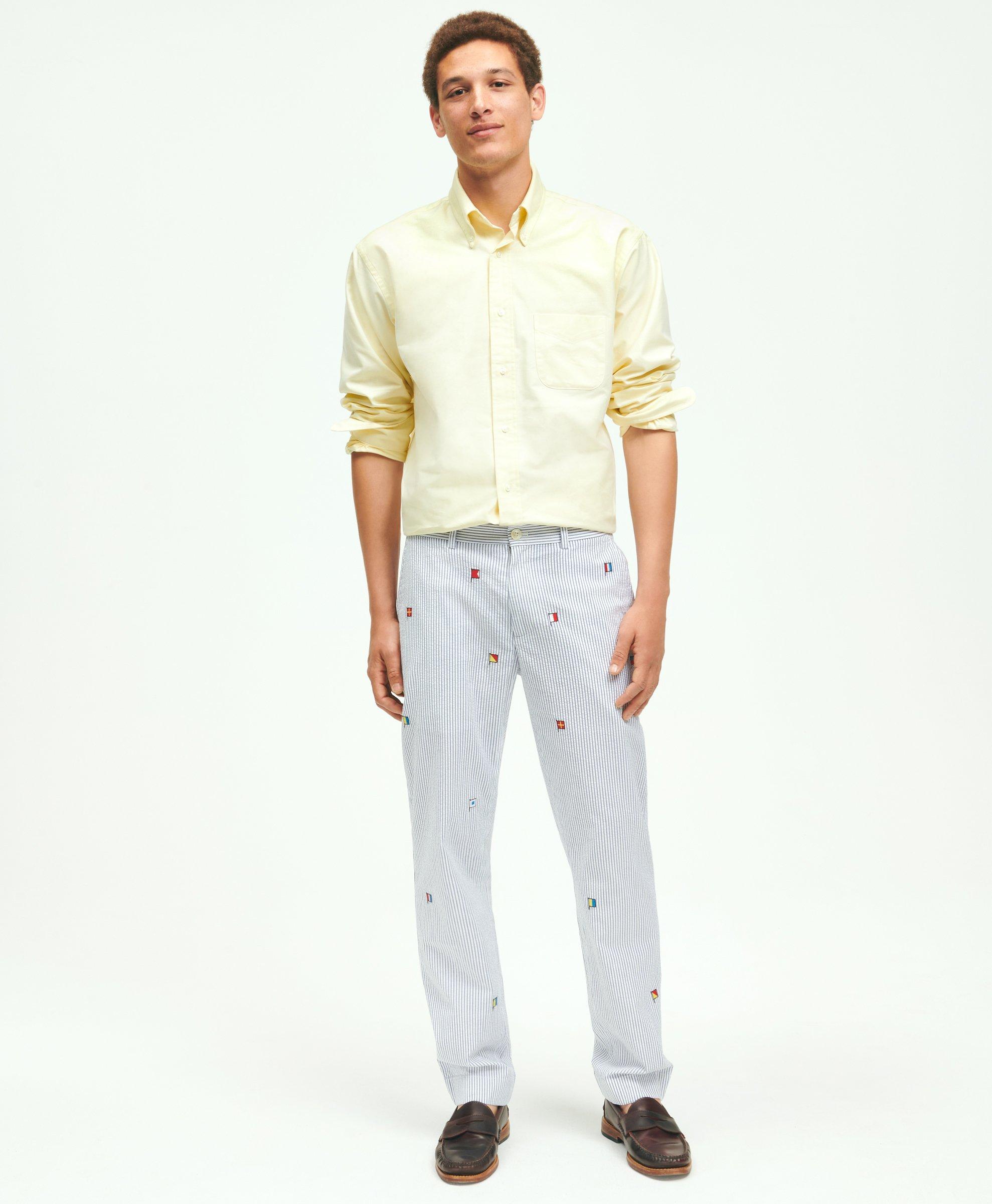 Stretch Cotton Seersucker Flag Embroidered Chino Pants