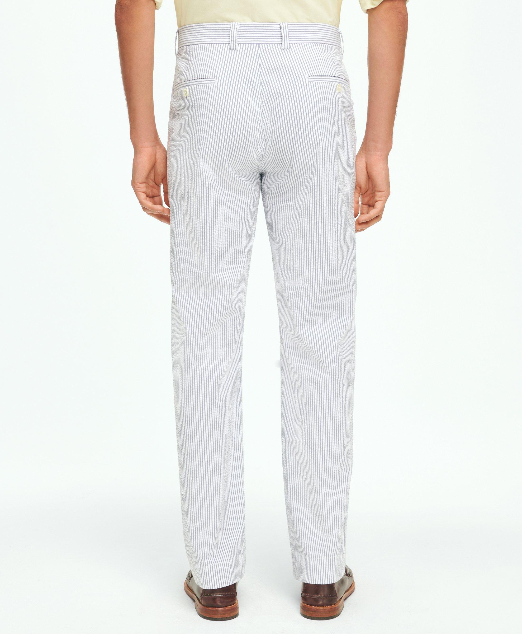 Brooks Brothers Men's Regular Fit Cotton Seersucker Pants in Classic Stripe | Blue/Ivory | Size 34 32