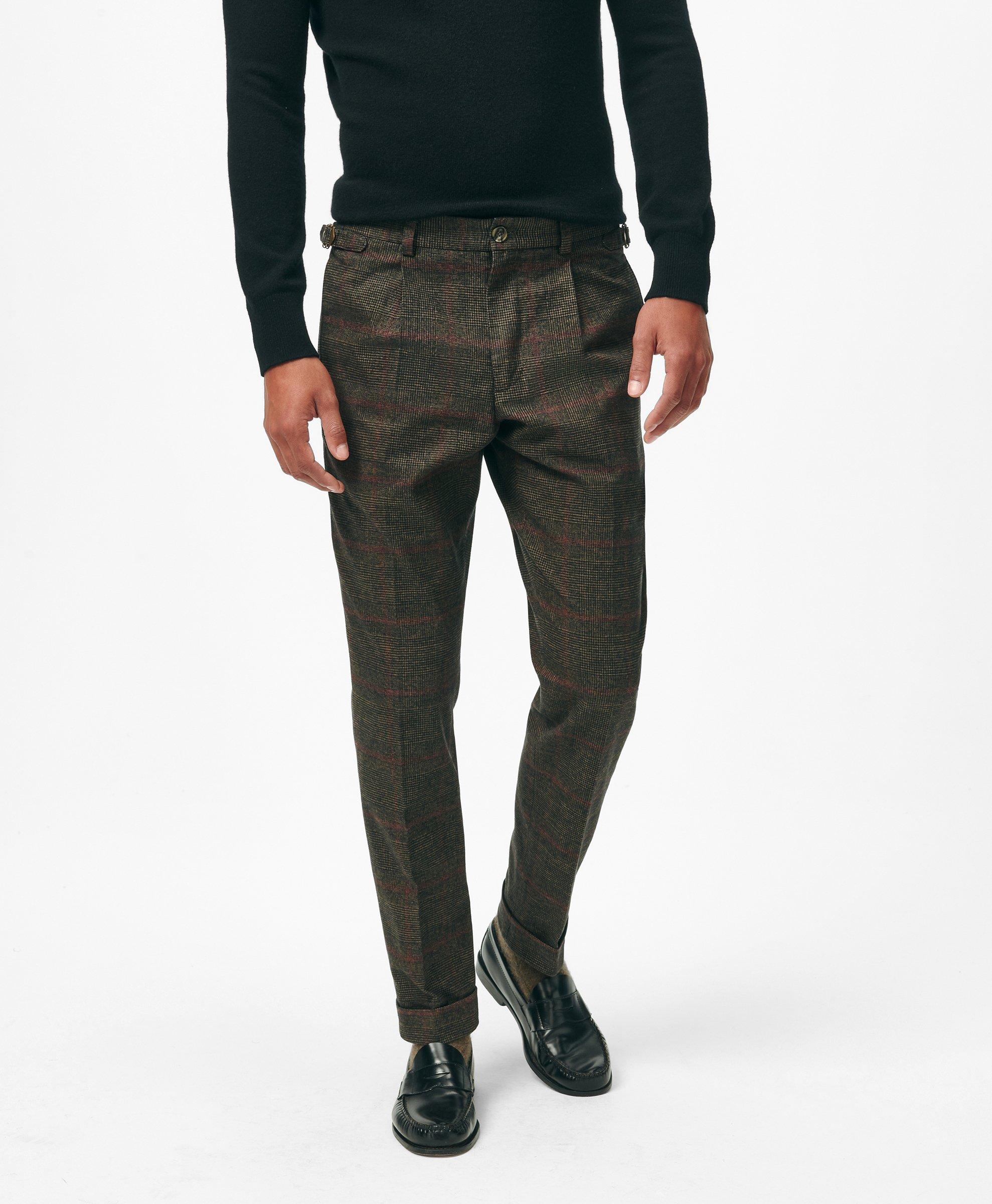 Brooks Brothers Pleated Side-tab Pants In Check Cotton Blend In Brown