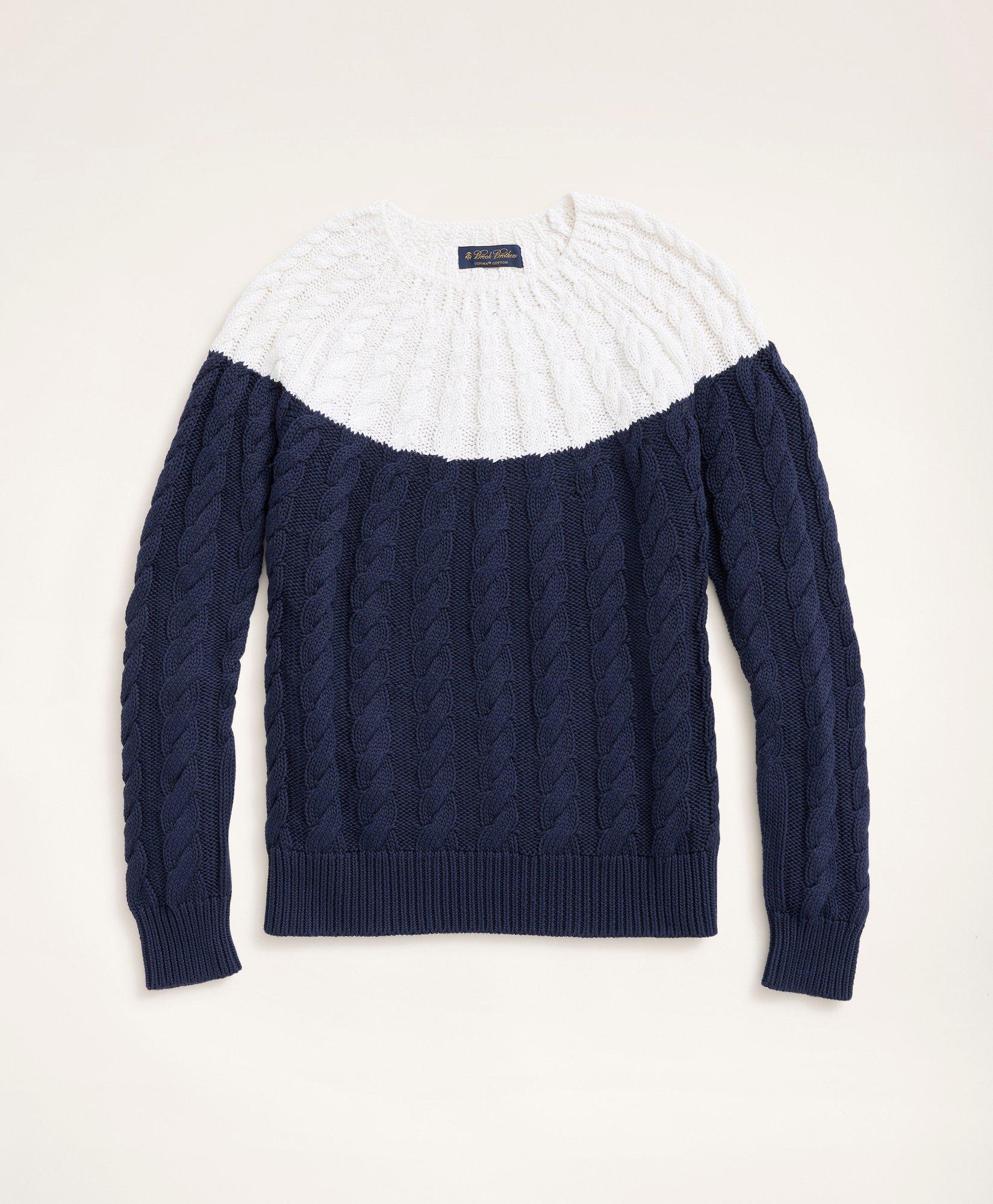 Supima® Cotton Contrast Yoke Cable Knit Sweater