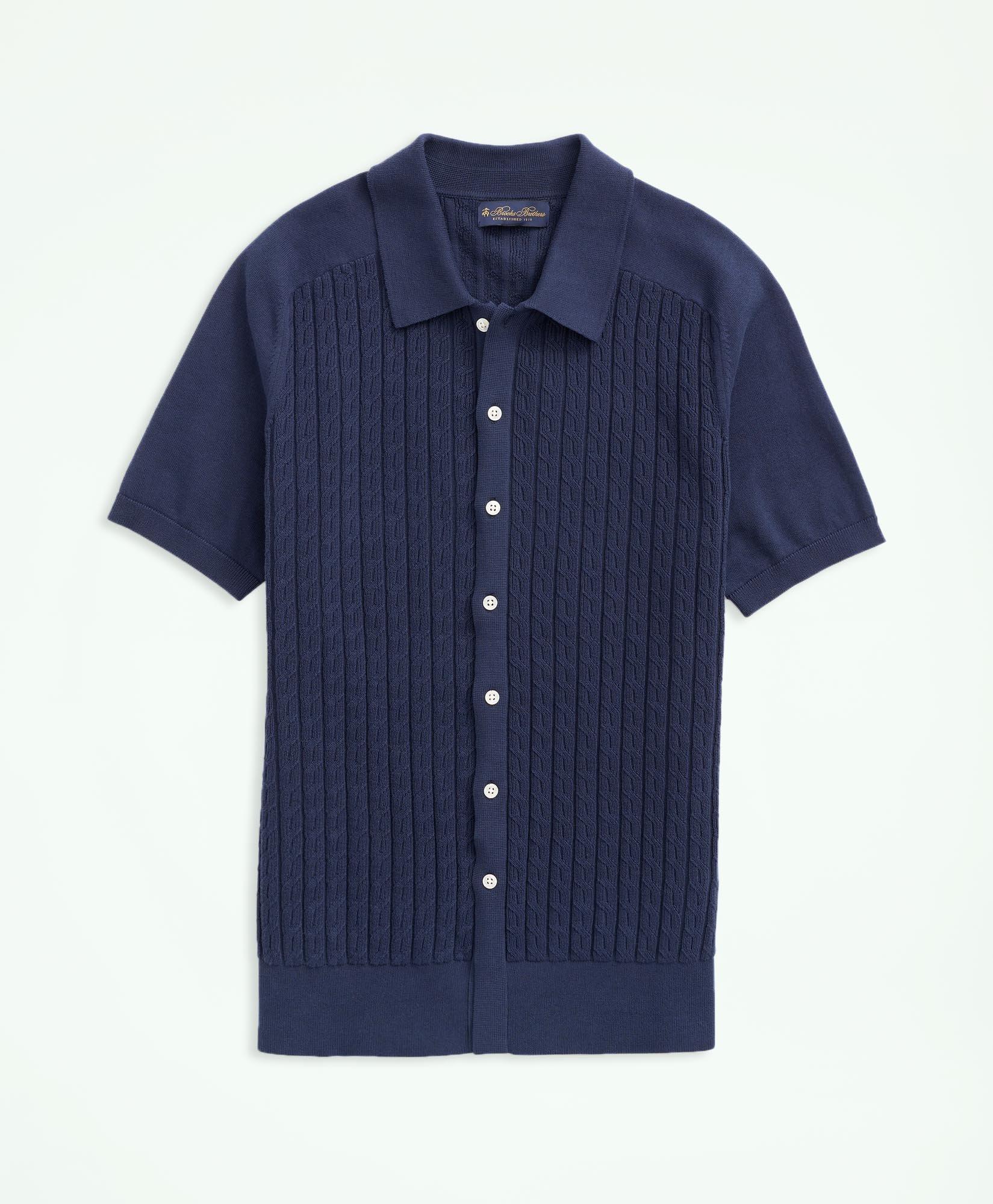 Short-Sleeved Pullover Shirt Blue Striped Cotton Poplin