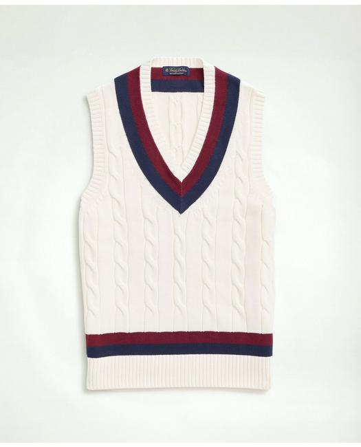 80s Men’s Clothing | Shirts, Jeans, Jackets for Guys Brooks Brothers Mens Supima Cotton Cable Tennis Sweater Vest  Ivory  Size 2XL $118.00 AT vintagedancer.com