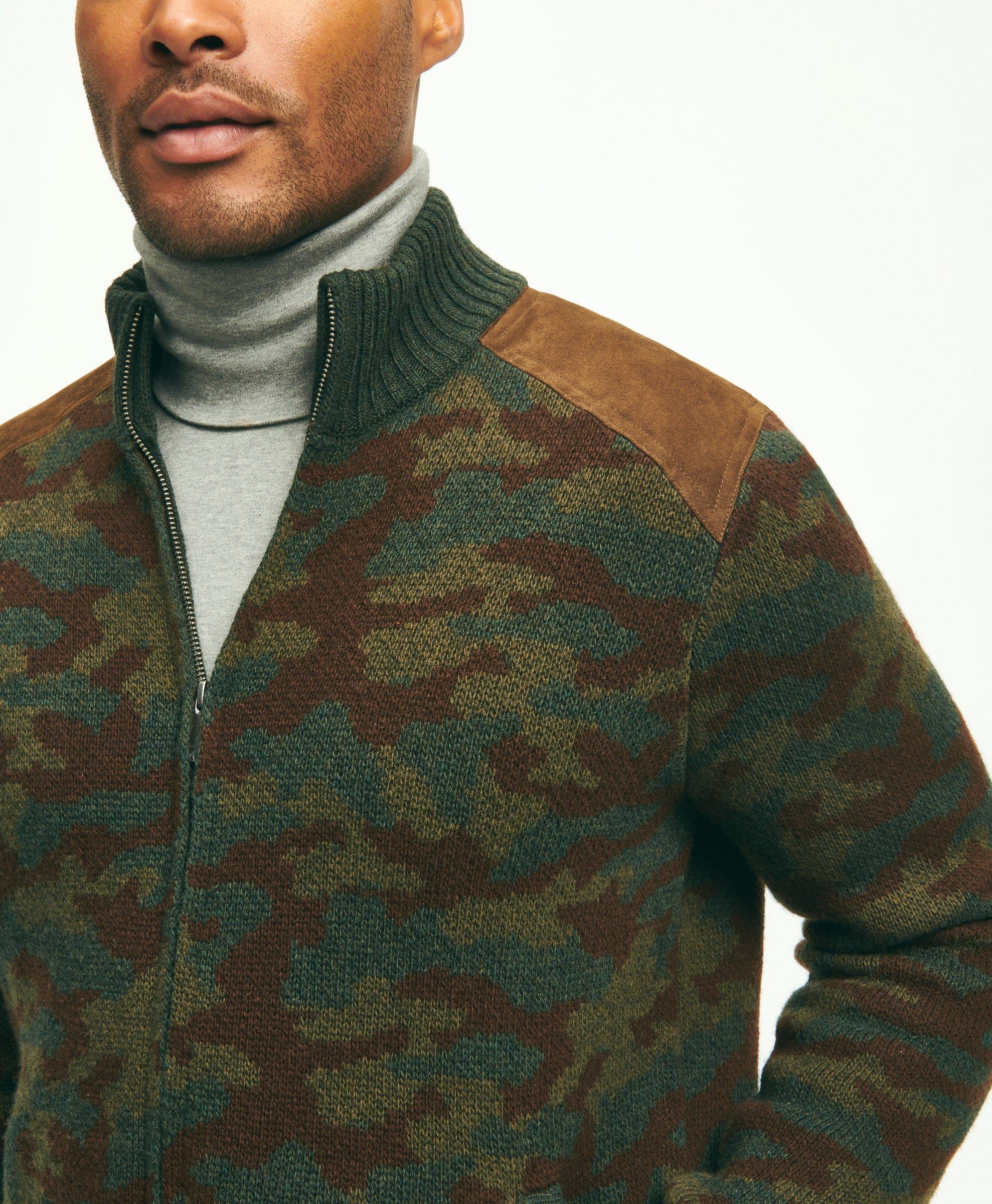 Merino Wool Stand Collar Camouflage Zip Cardigan
