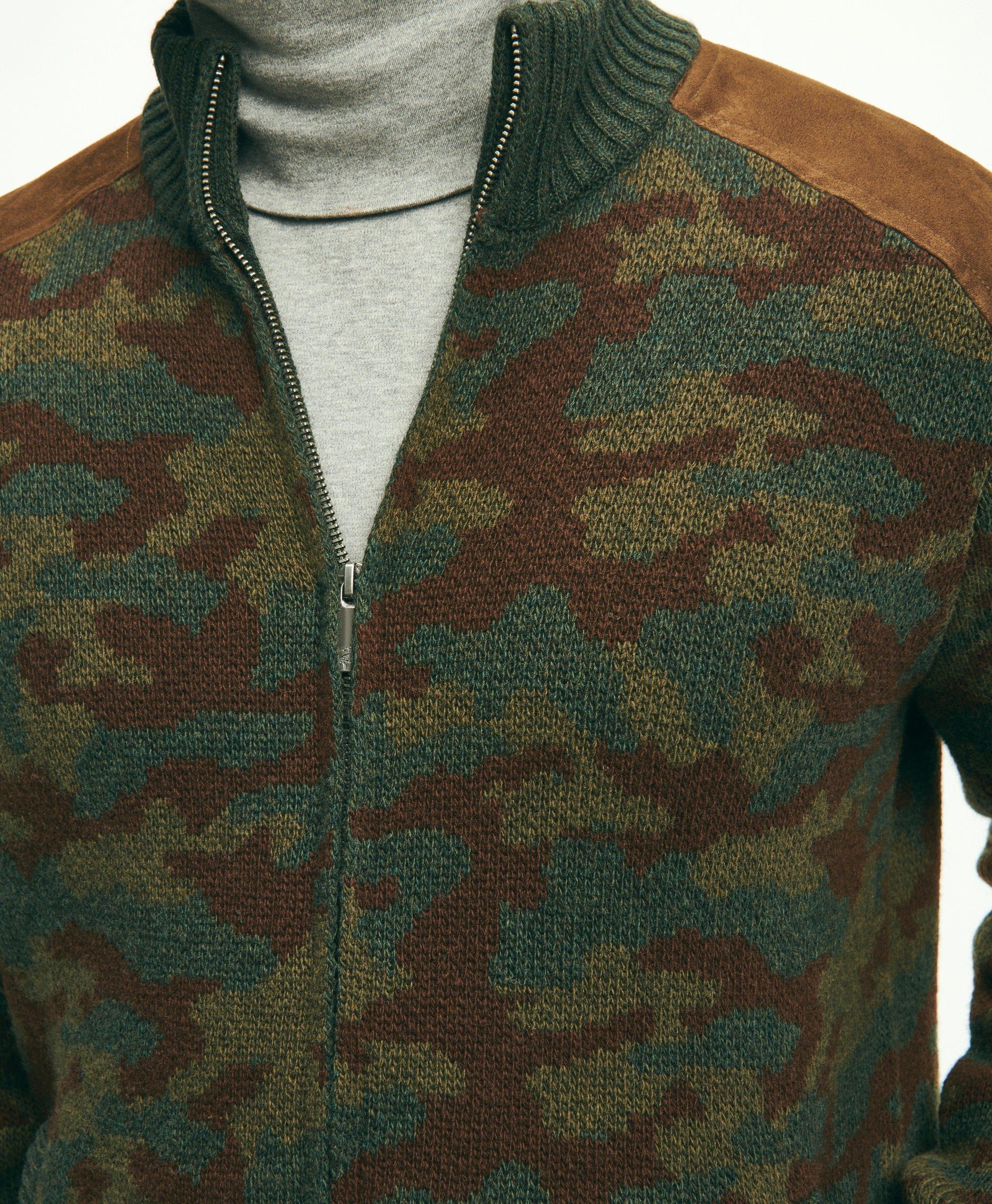 Merino Wool Stand Collar Camouflage Zip Cardigan