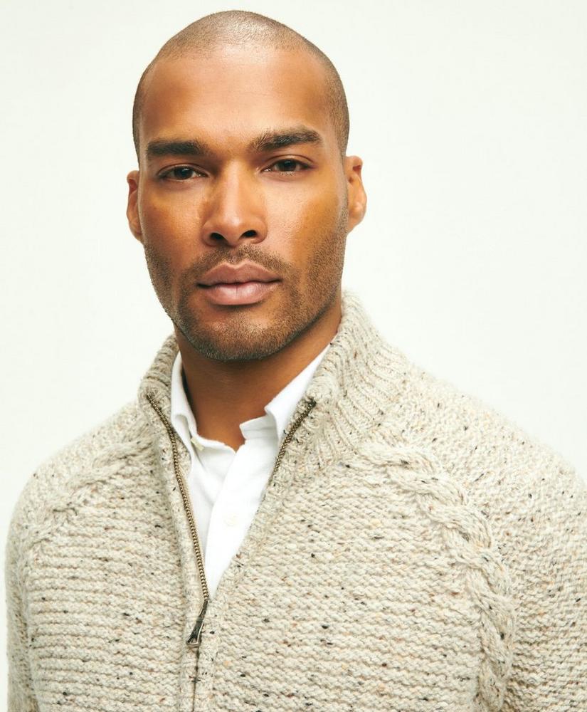 Merino Donegal Wool Cable Knit Zip Cardigan, image 6