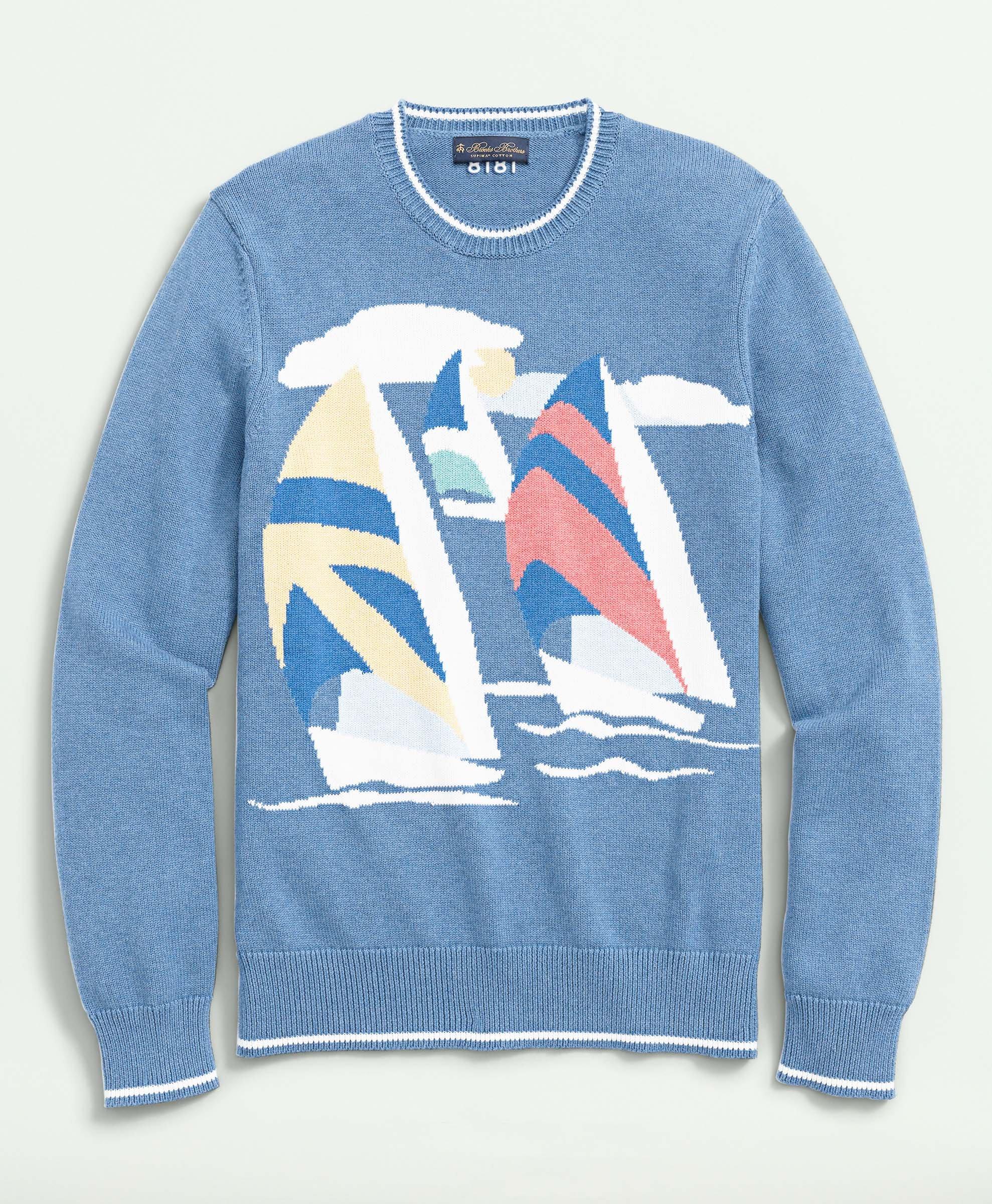 Brooks Brothers Men's Vintage-Inspired Intarsia Sailboat Sweater in Supima Cotton | Navy | Size 2XL