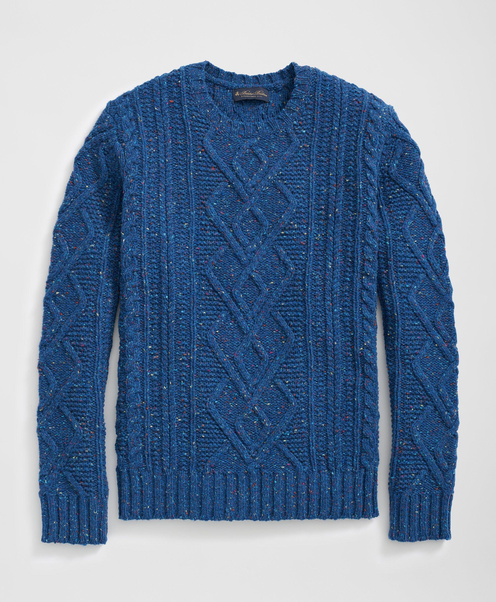 Brooks Brothers Aran Knit Sweater In Donegal Merino Wool In Blue
