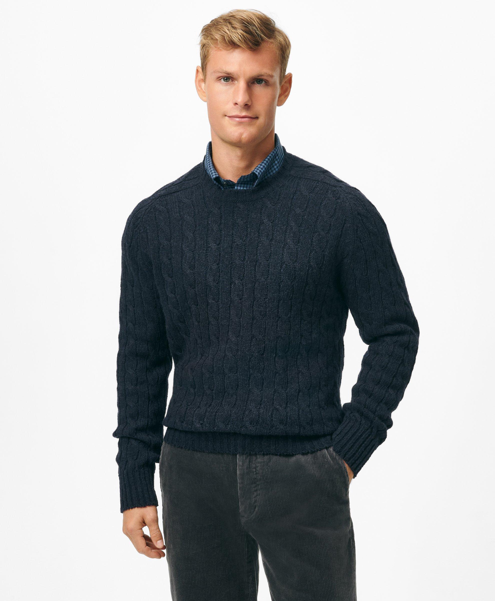 Brooks Brothers Cable Crewneck Sweater In Shetland Wool In Navy