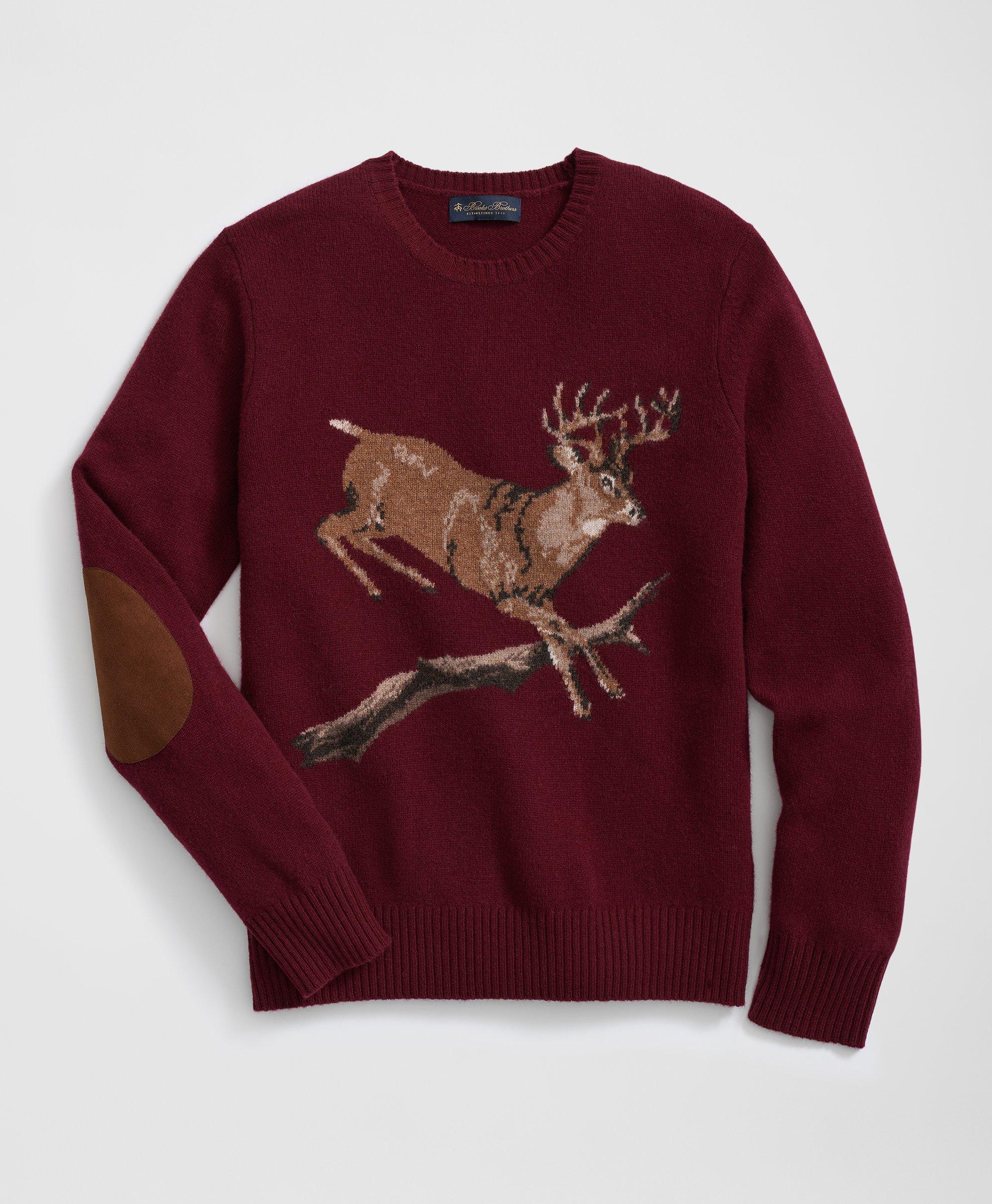 Merino Wool Crewneck Sweater with Deer Intarsia Motif