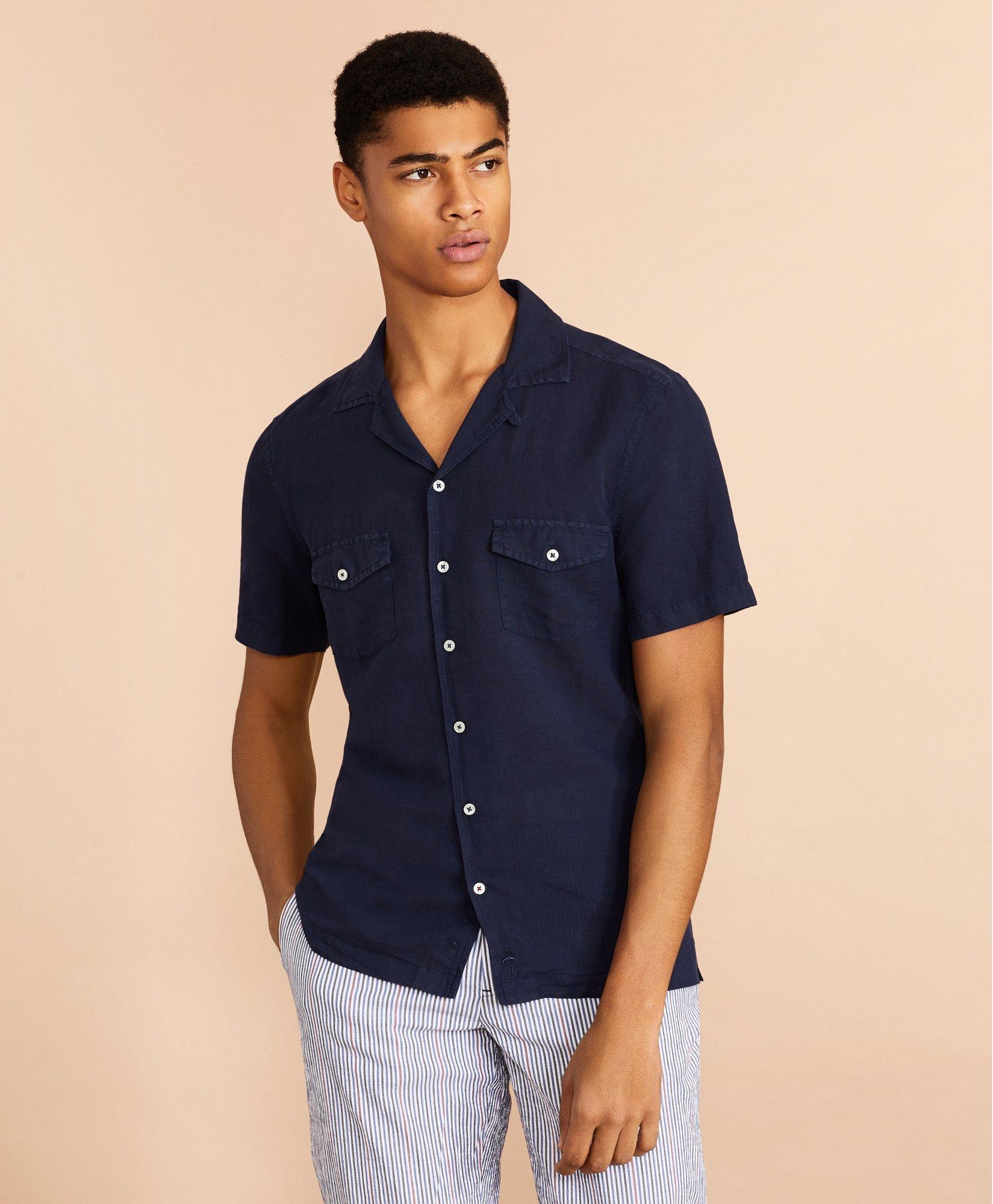 Men's Camp Collar Linen-Blend Shirt, Men's Tops