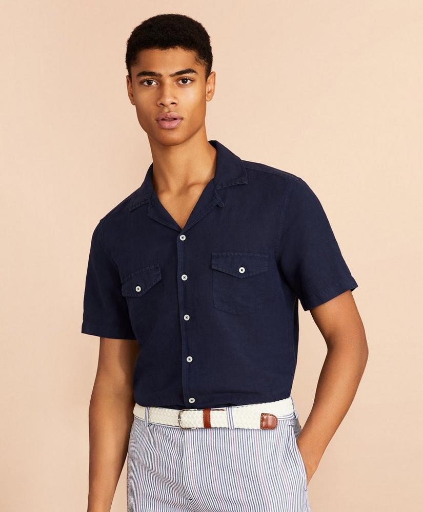 Garment-Dyed Linen-Cotton Camp Collar Short-Sleeve Shirt, image 3