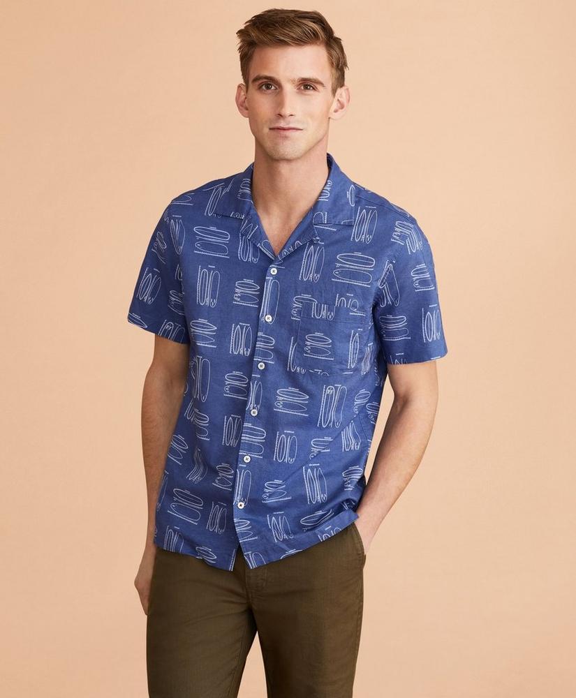 Surfboard-Print Linen-Cotton Camp Collar Short-Sleeve Shirt, image 1