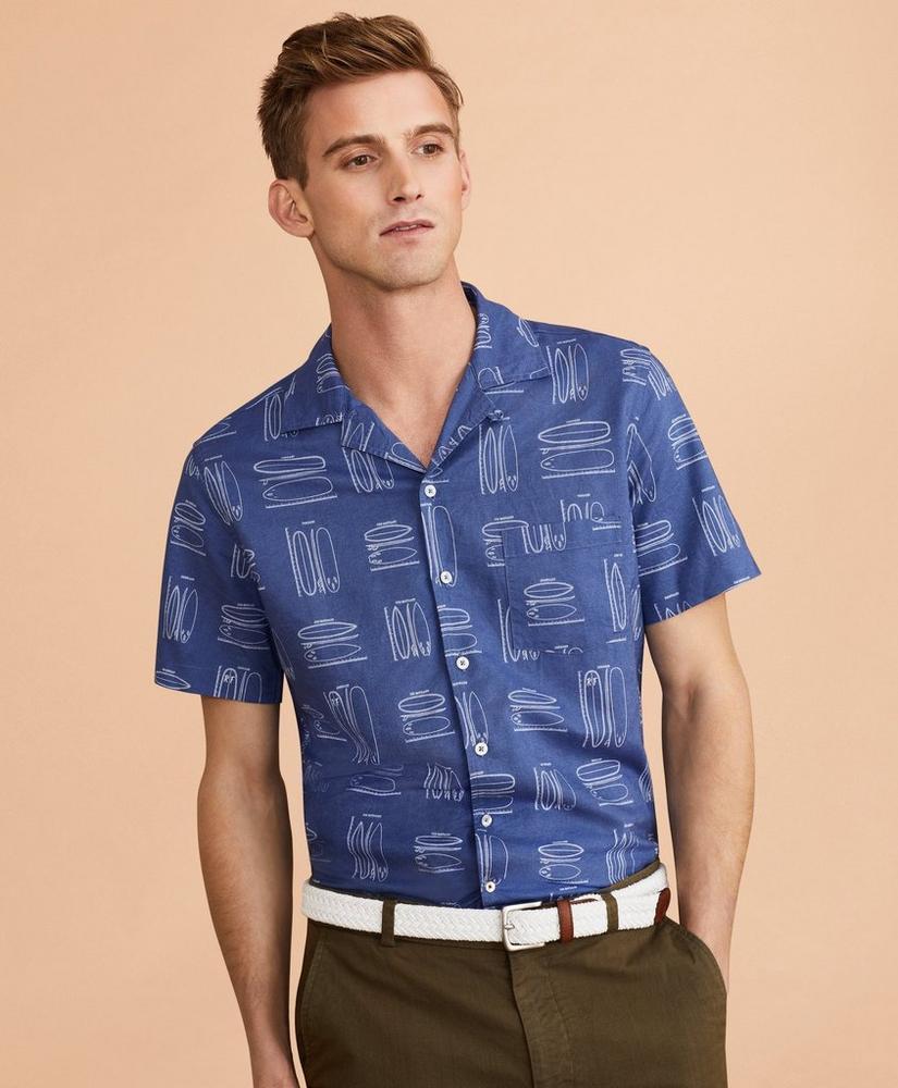 Surfboard-Print Linen-Cotton Camp Collar Short-Sleeve Shirt, image 2