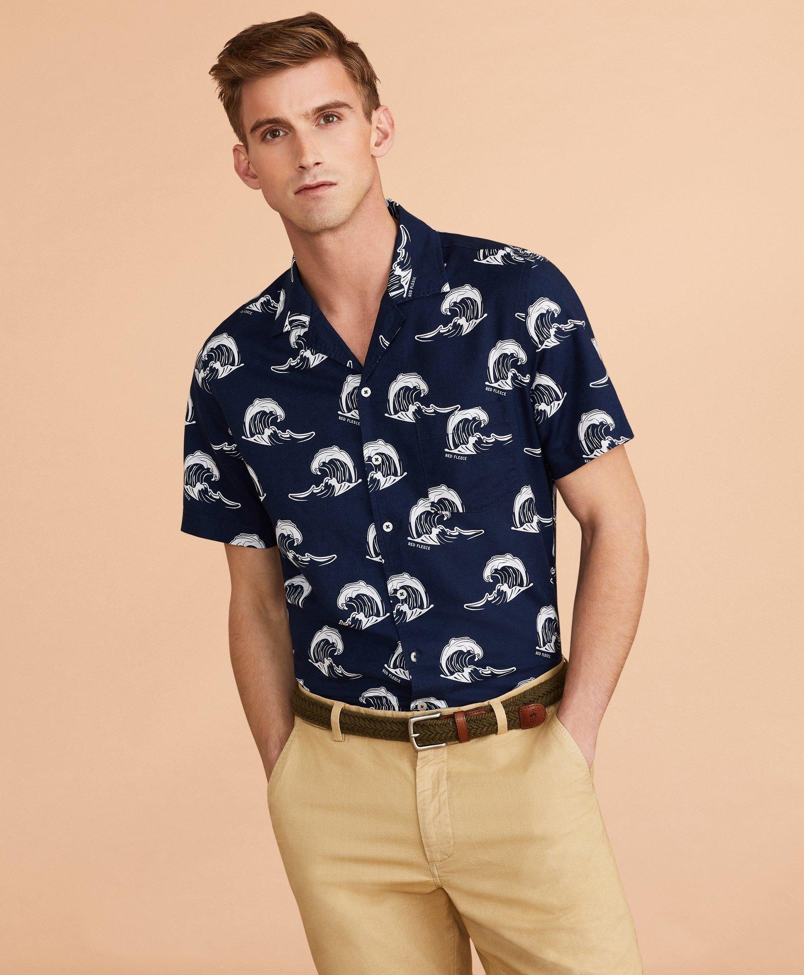 Wave-Print Linen-Cotton Camp Collar Short-Sleeve Shirt