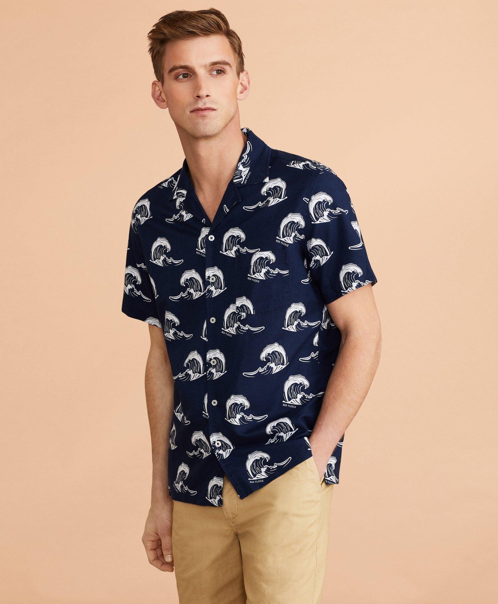 Wave-Print Linen-Cotton Camp Collar Short-Sleeve Shirt