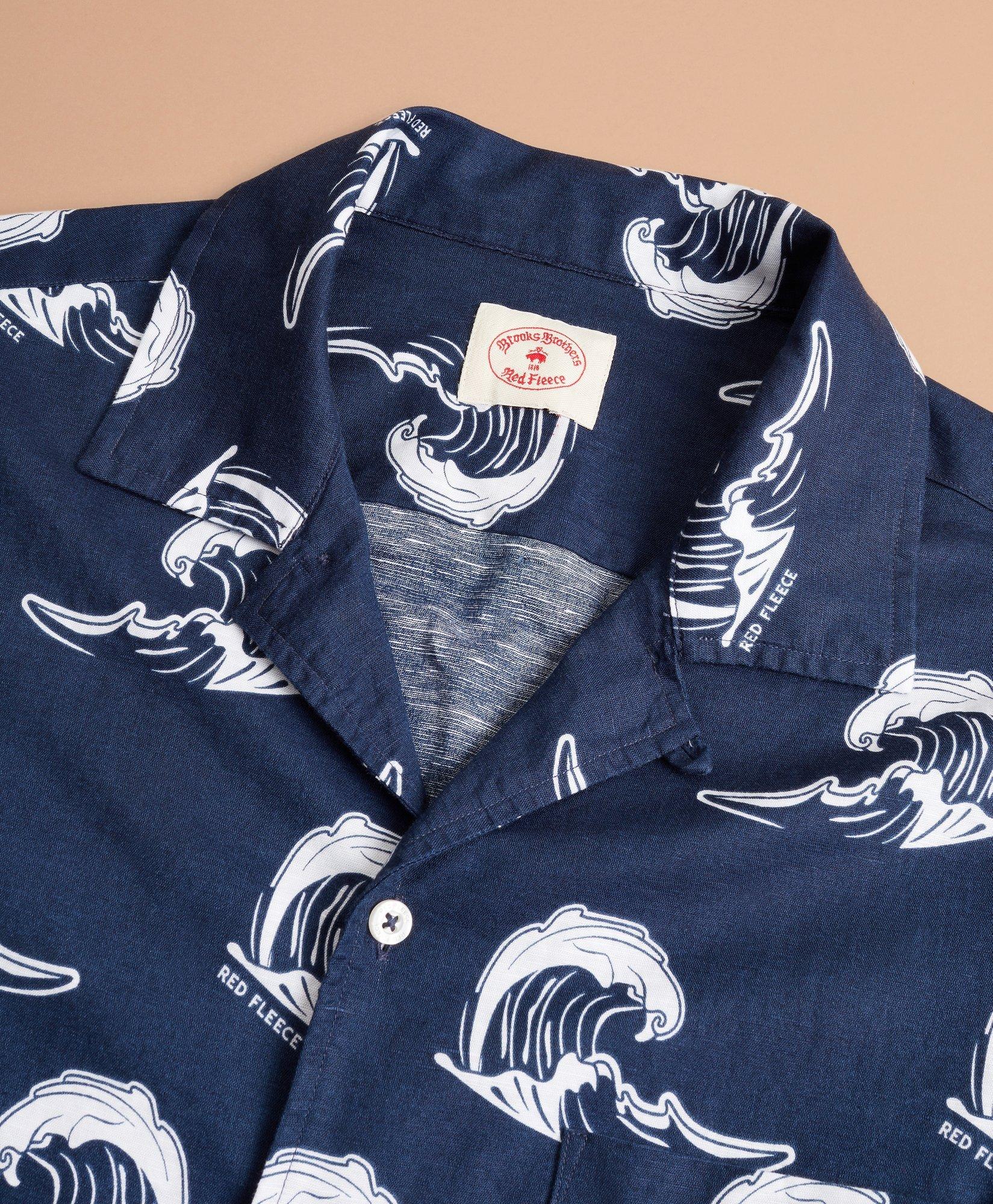 Wave-Print Linen-Cotton Camp Collar Short-Sleeve Shirt