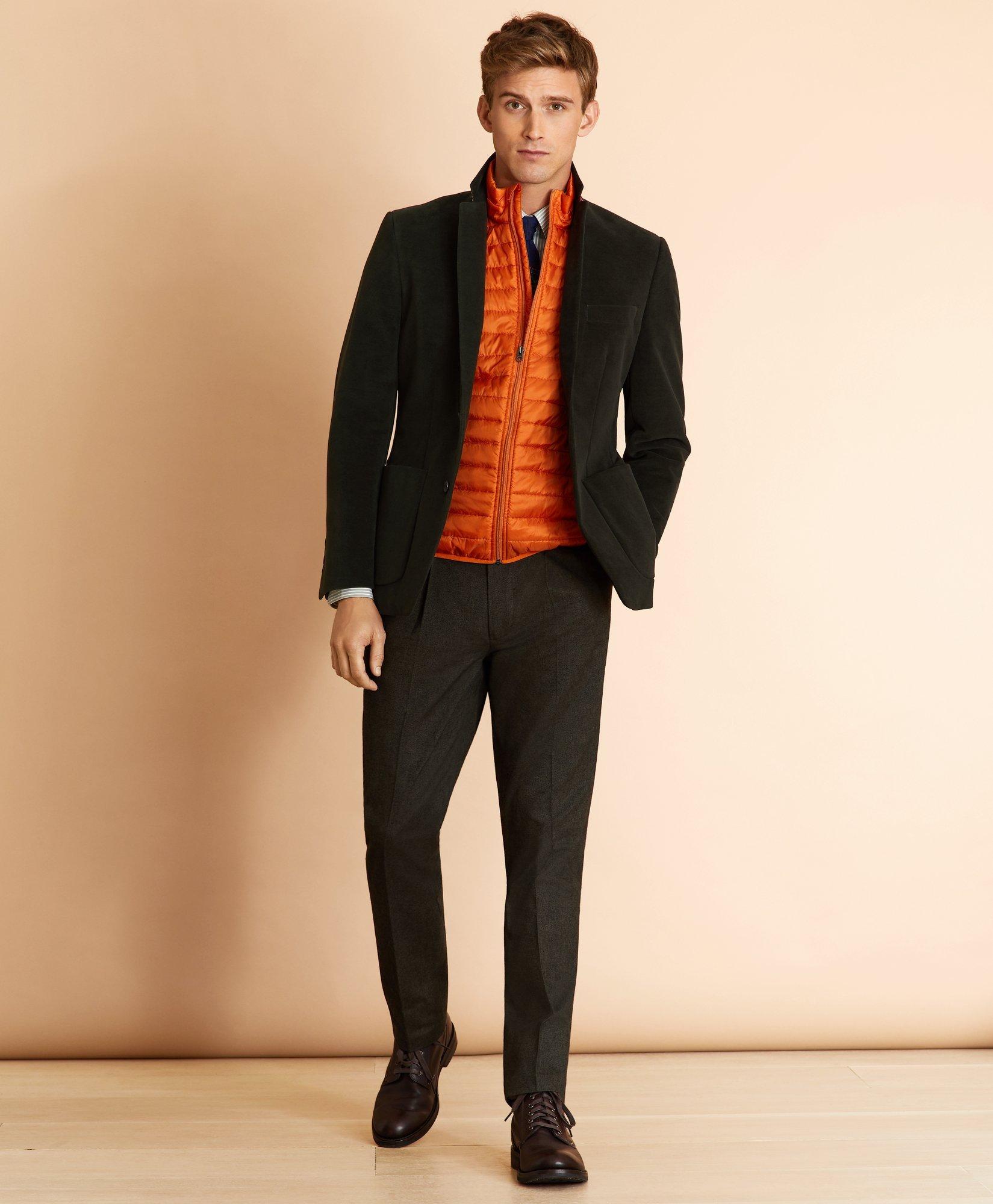 Black trouser orange double pocket shirt black button brown shoes