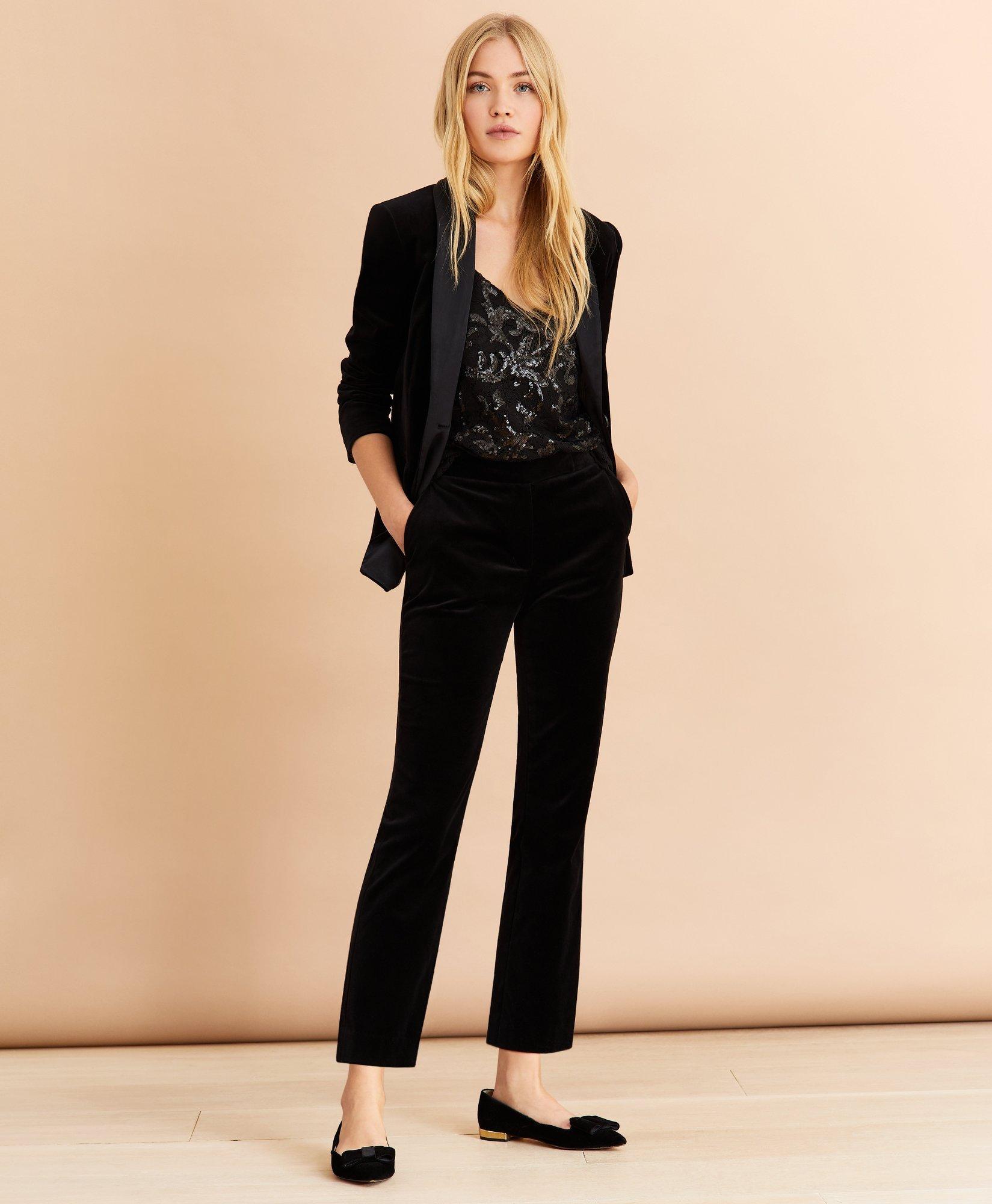 womens black velvet pantsuit