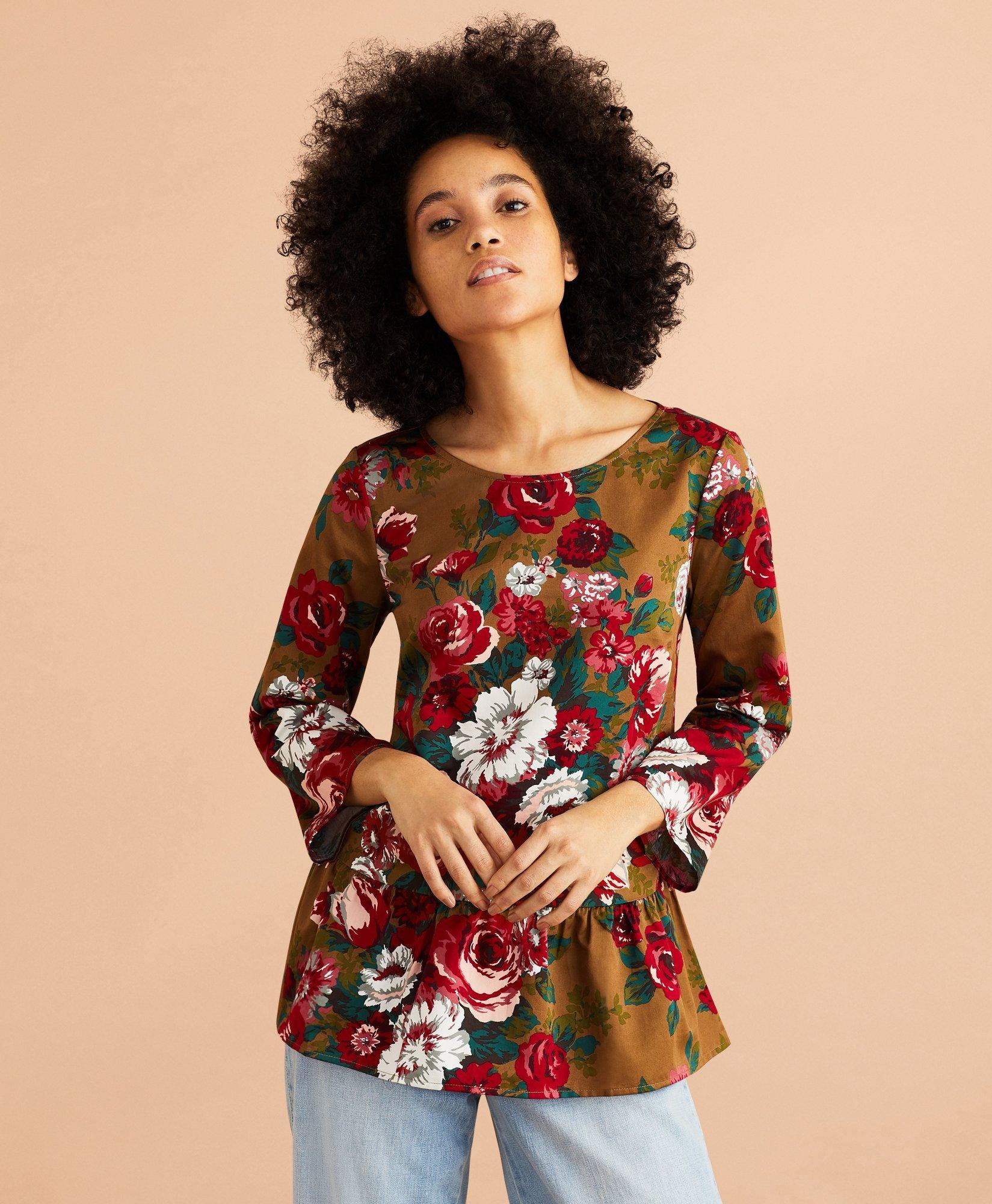 Floral-Print Cotton Sateen Peplum Top