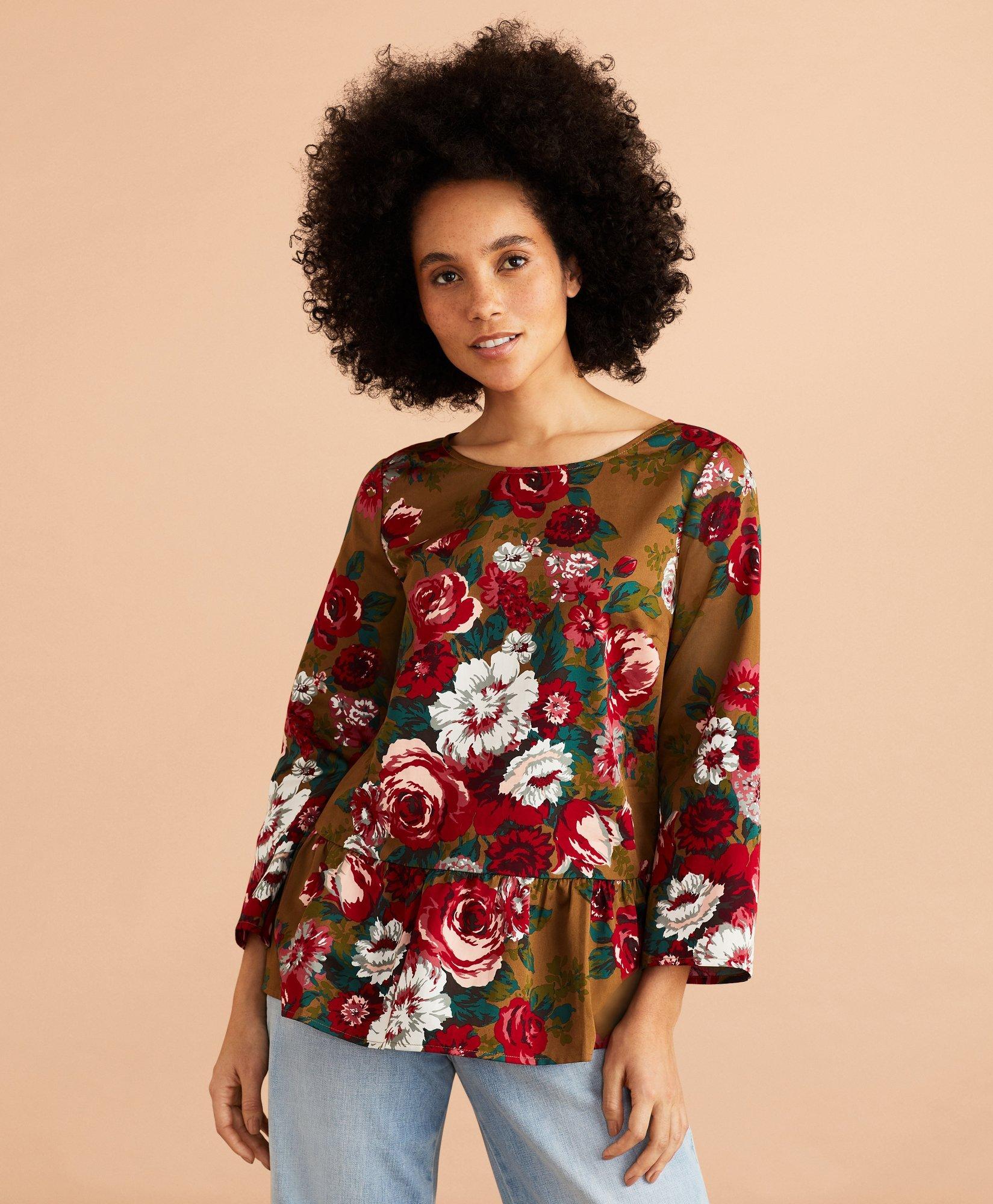 Floral-Print Cotton Sateen Peplum Top