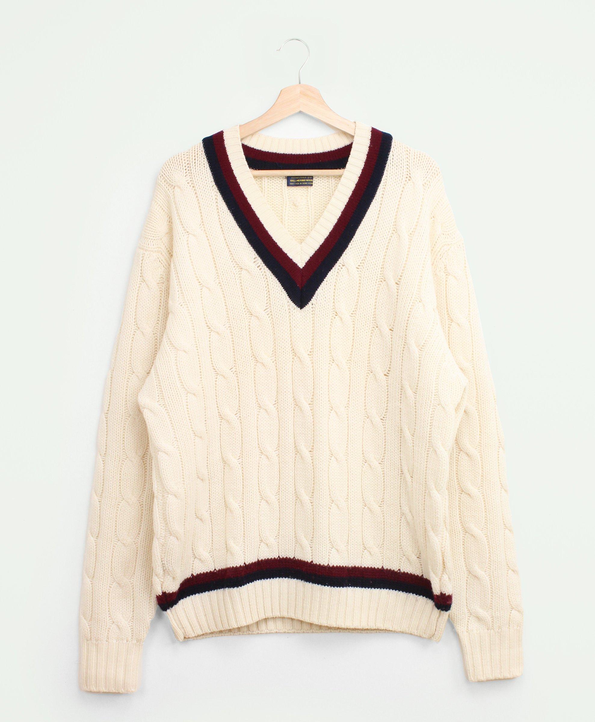Vintage Merino Wool Cable Knit Tennis Sweater, 1990s, XL