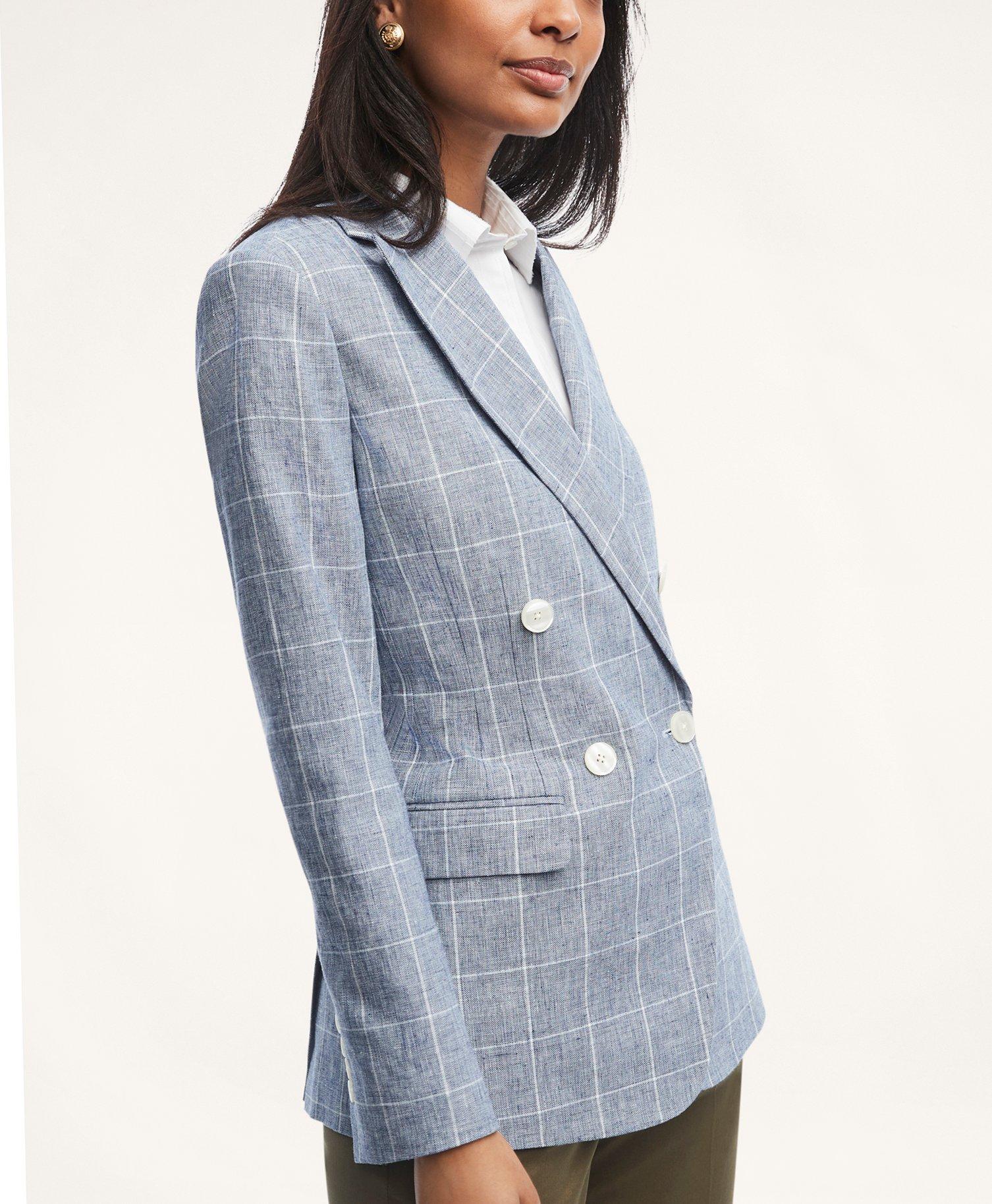 Linen Cotton Double-Breasted Windowpane Jacket