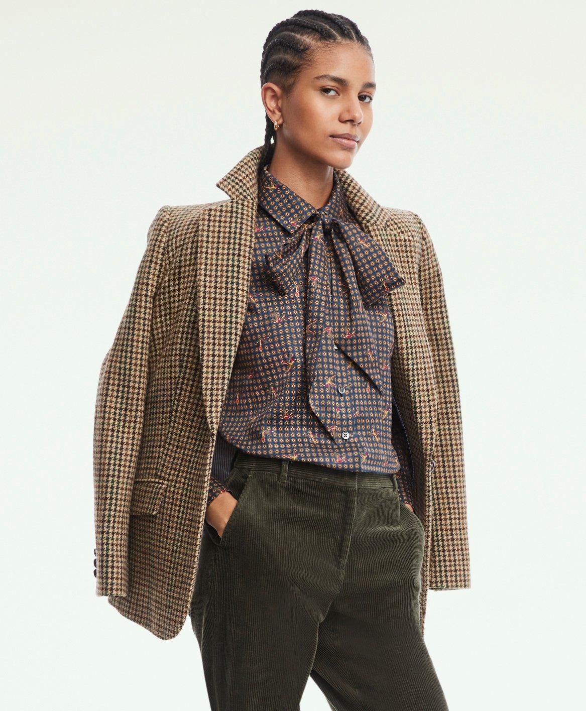 Blue & Brown Linen Blend Plaid Cropped Jacket 